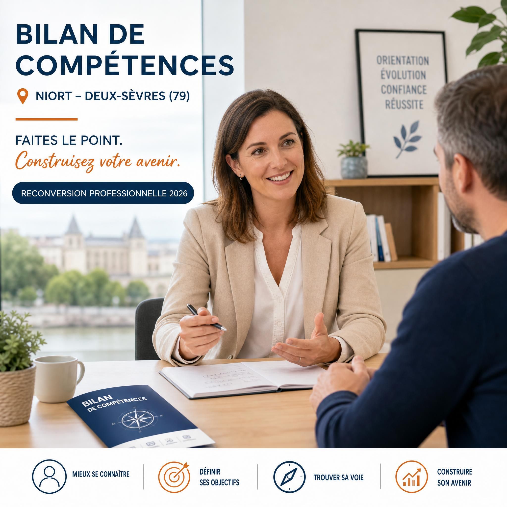Conseillère en orientation professionnelle accompagnant un adulte lors d'un bilan de compétences à Niort, Deux-Sèvres — reconversion professionnelle 2026