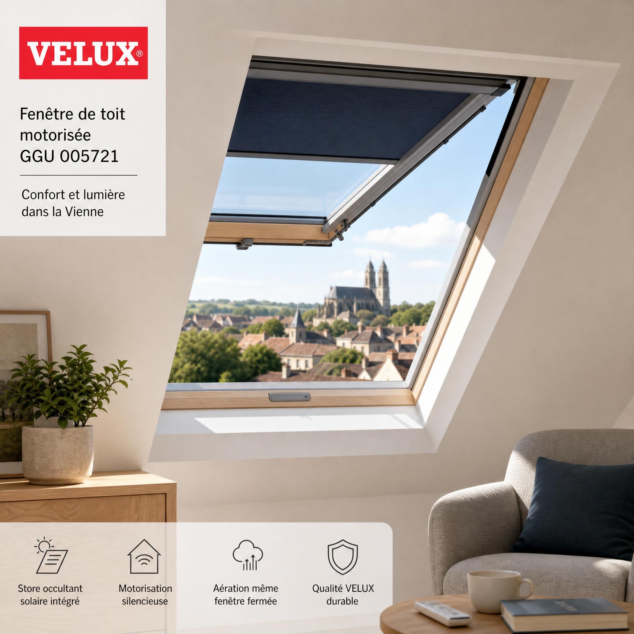 Fenêtre de toit VELUX motorisée GGU 005721 ouverte sur une toiture en tuiles dans la Vienne, vue intérieure lumineuse avec store occultant solaire