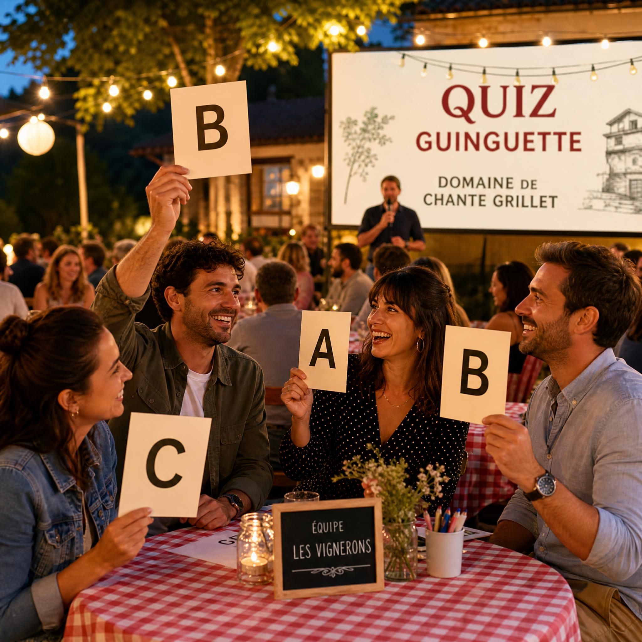 Quiz animé en équipes lors d'une soirée guinguette conviviale au Domaine de Chante Grillet, participants souriants avec cartons réponses