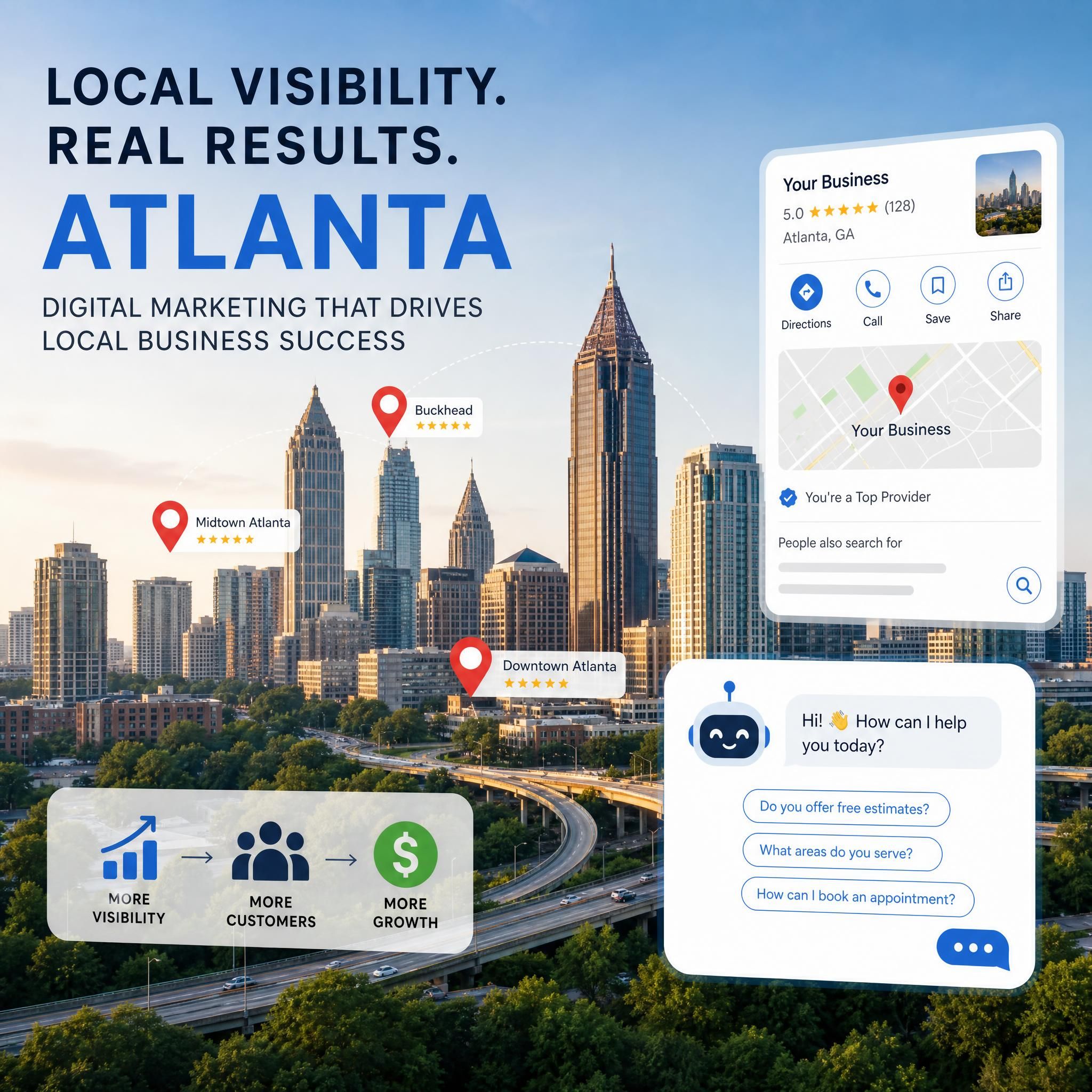 Atlanta skyline with digital marketing overlay showing Google Maps pins and chatbot interface icons representing local business success