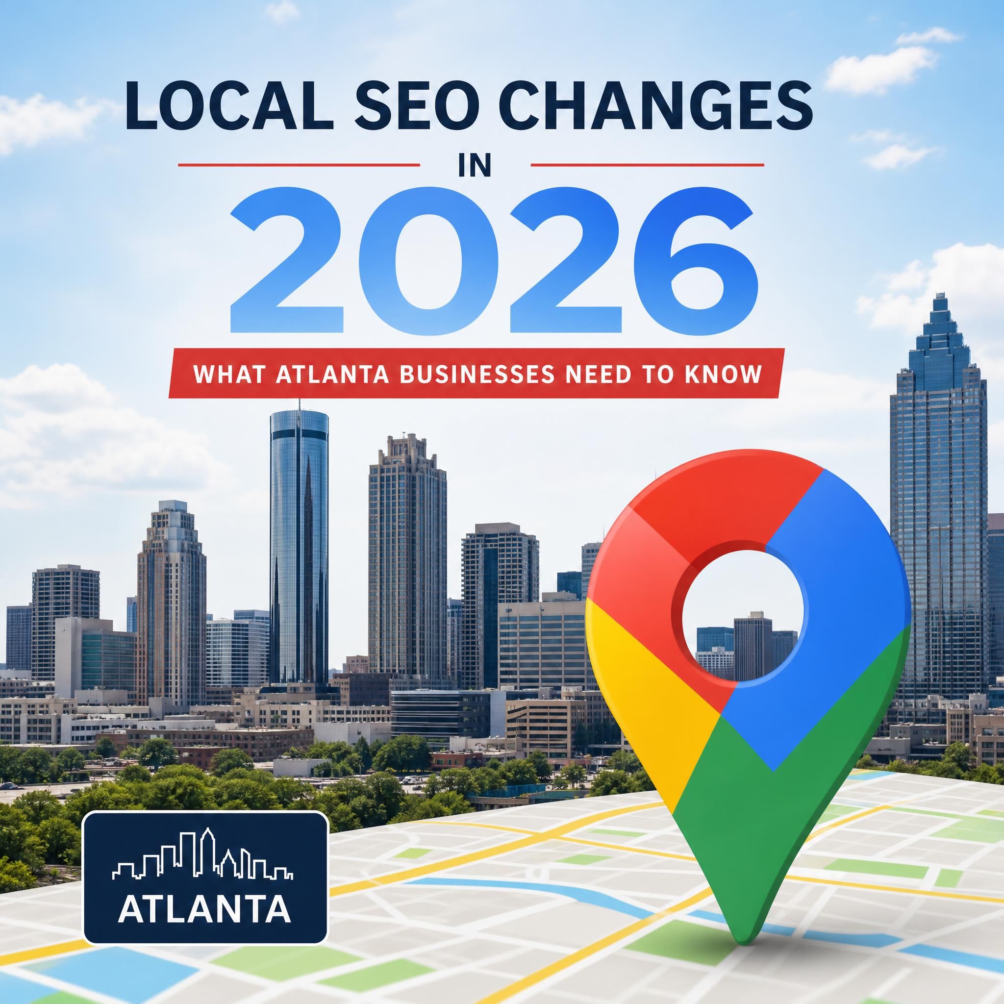 Atlanta skyline with Google Maps pin overlay representing local SEO changes in 2026