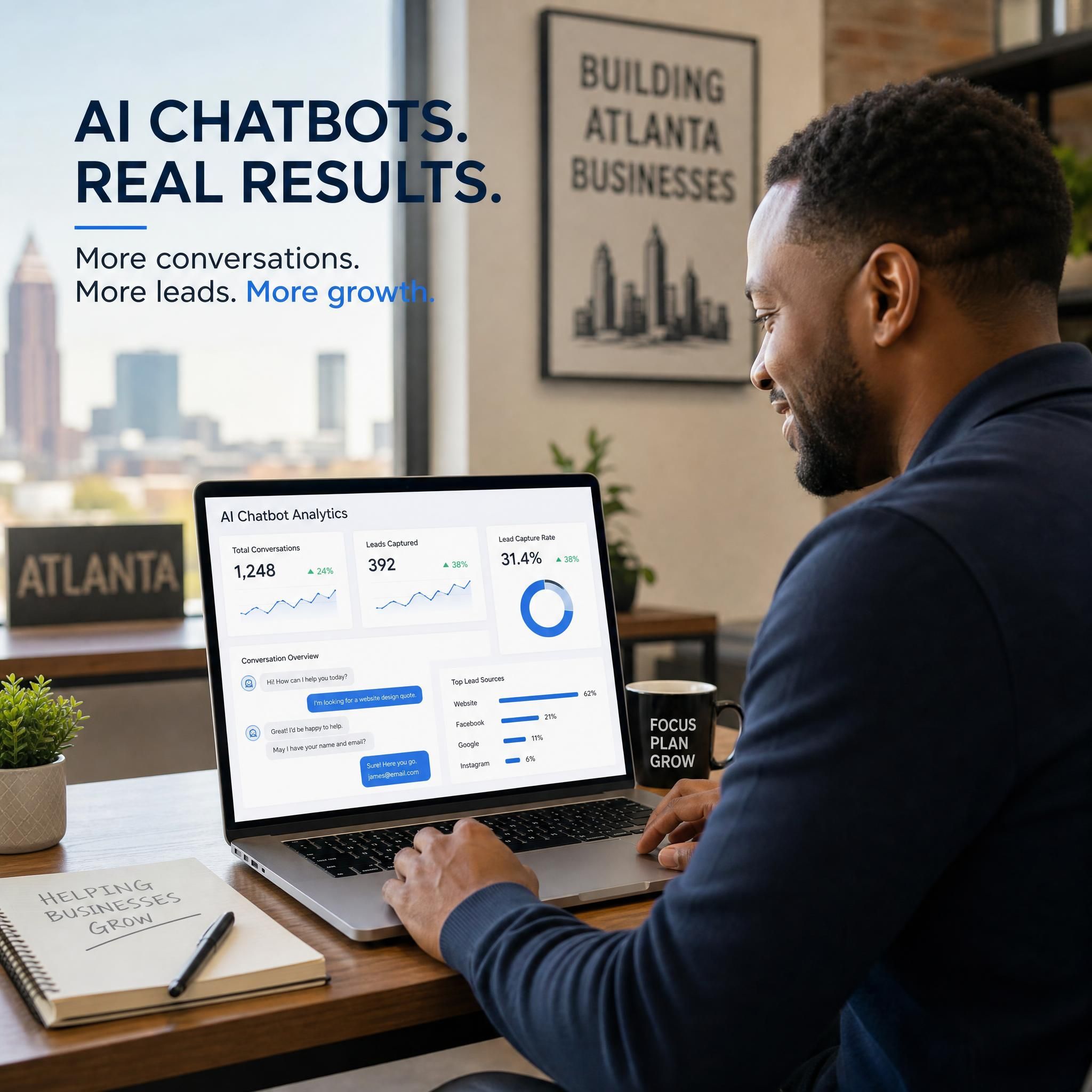 Atlanta small business owner reviewing AI chatbot conversation analytics on a laptop showing increased lead capture