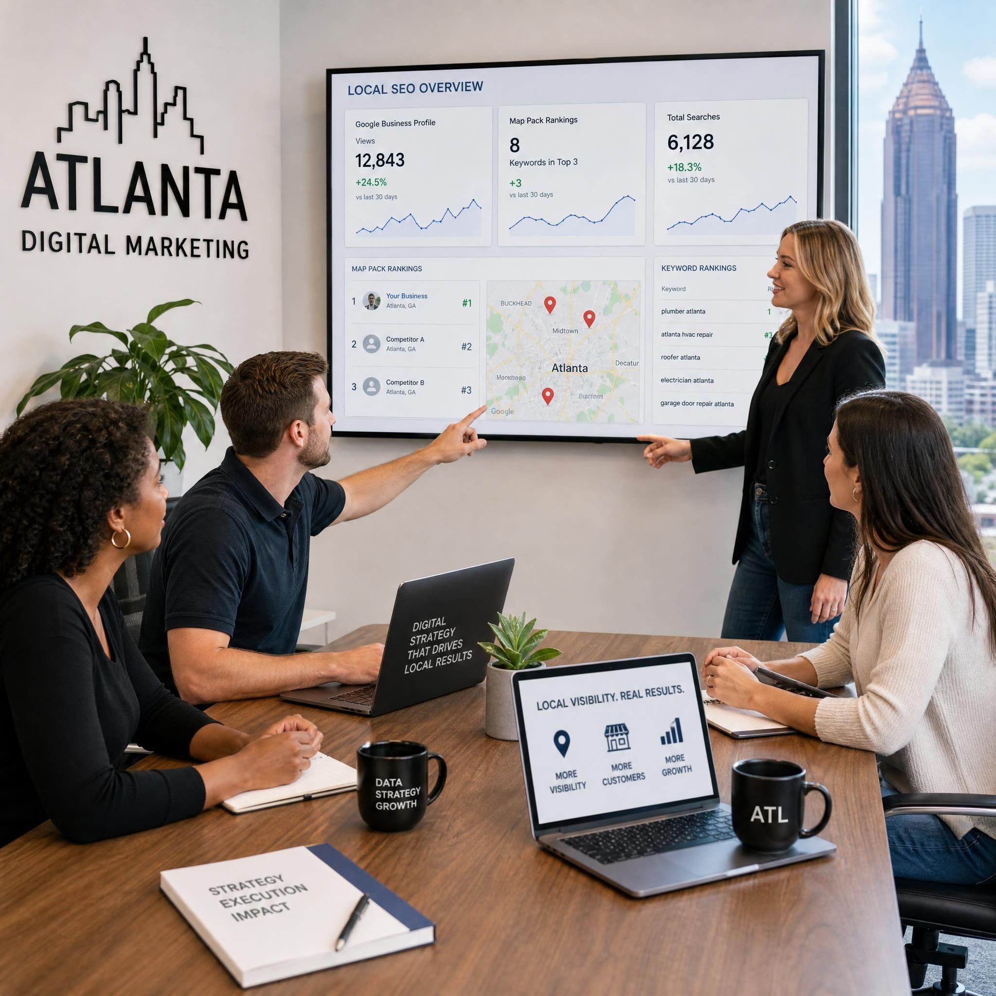 Atlanta digital marketing agency team reviewing local SEO analytics and Google Maps ranking data for small business clients
