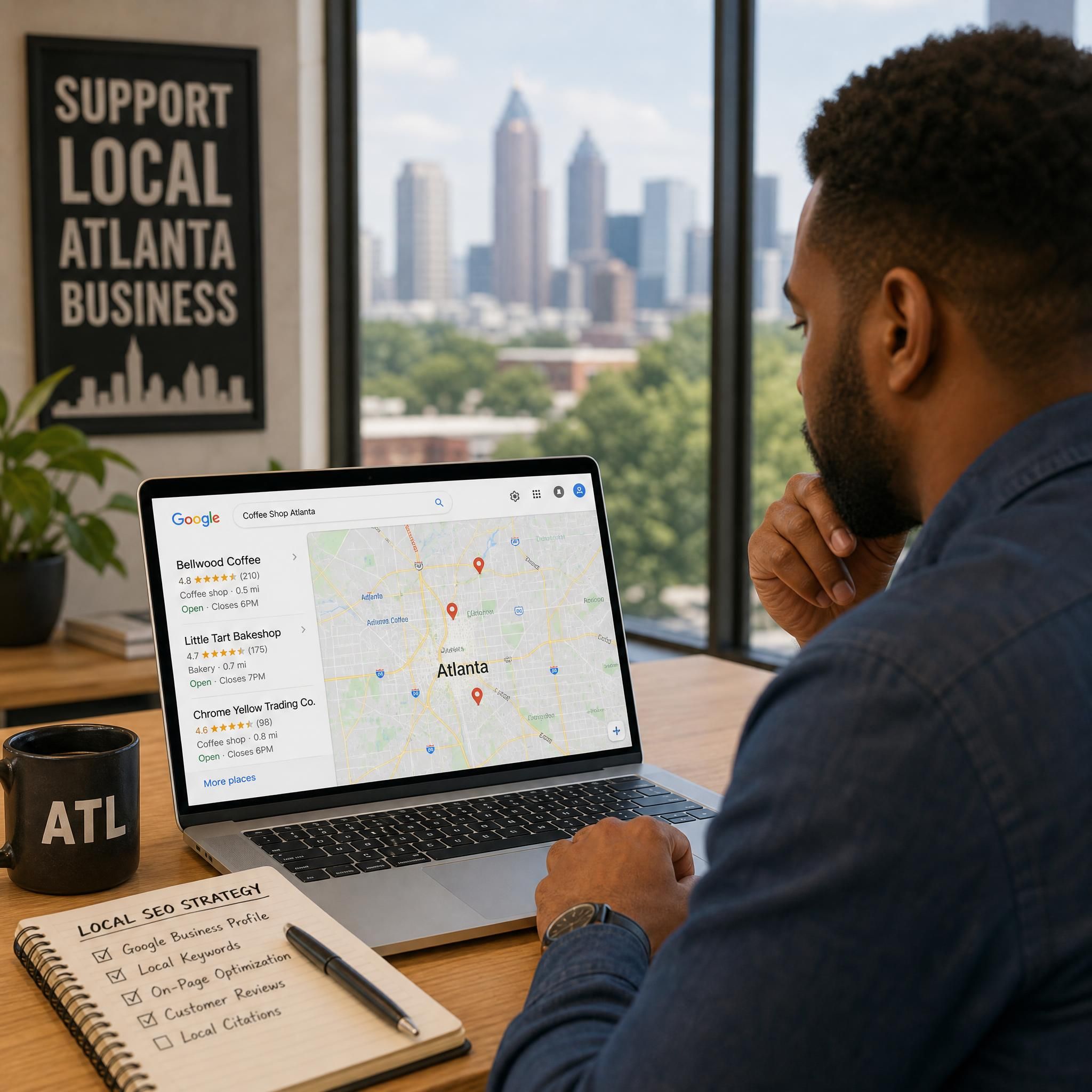 Atlanta small business owner reviewing local SEO strategy on laptop with Google Maps open on screen