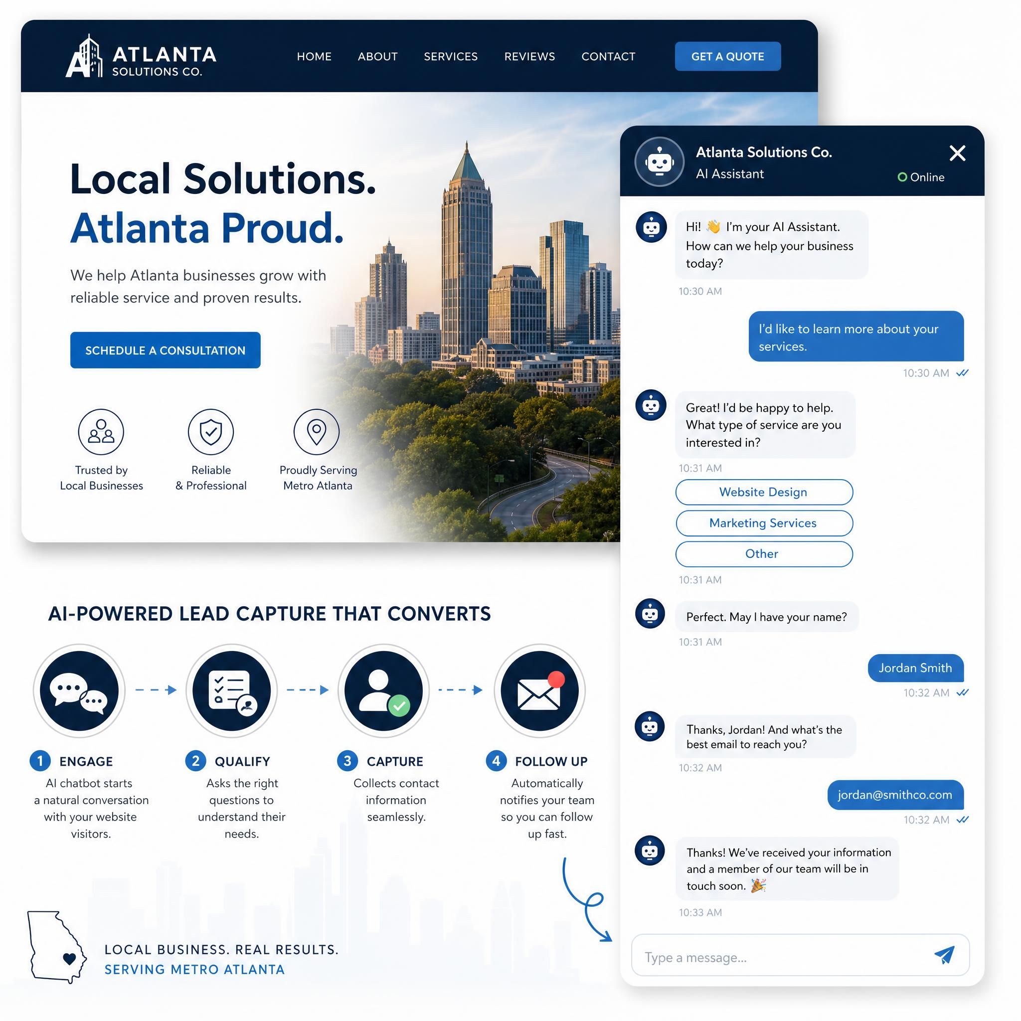 AI chatbot interface on a small business website showing lead capture conversation flow with Atlanta business branding