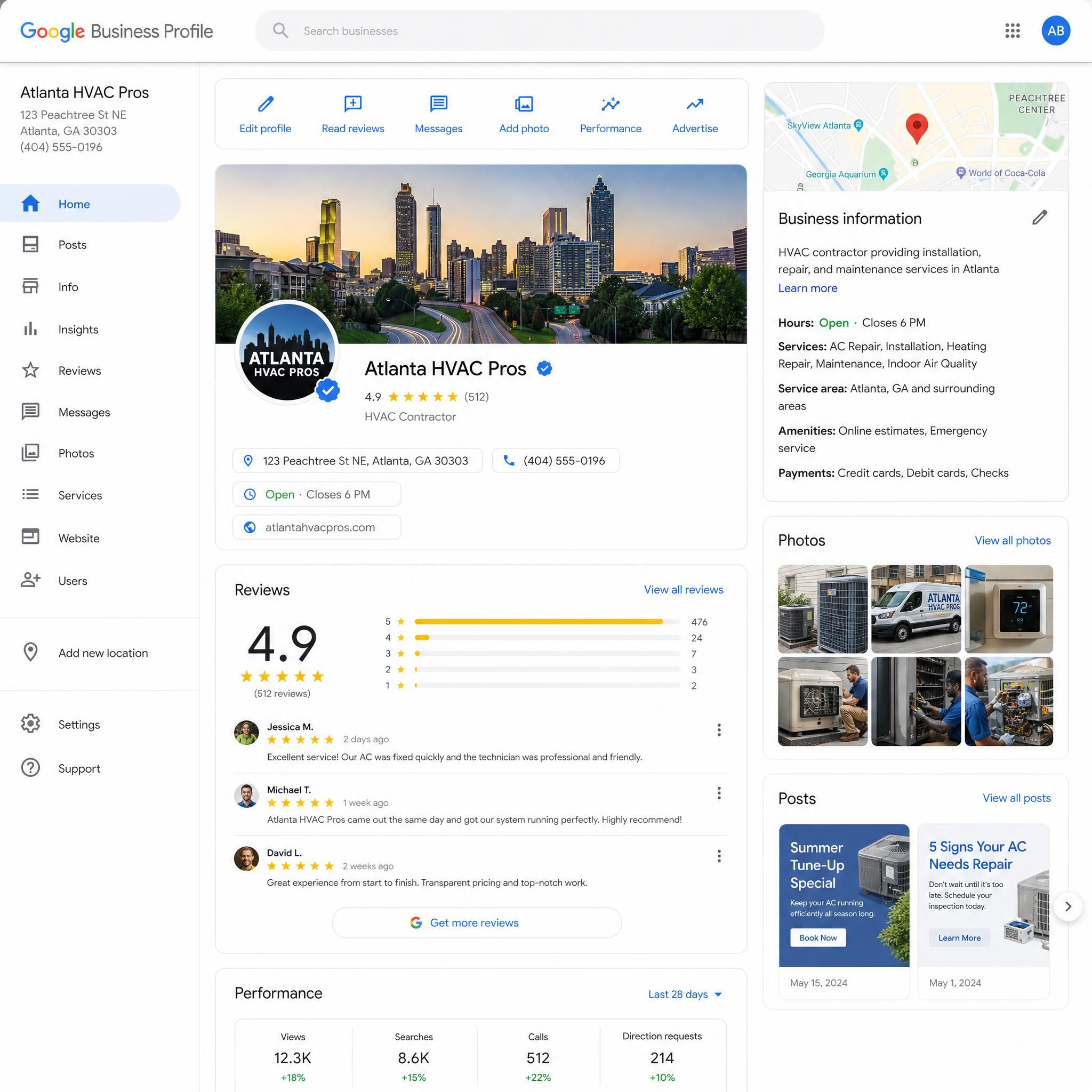 Google Business Profile dashboard showing complete Atlanta business listing with reviews, photos, and regular posts