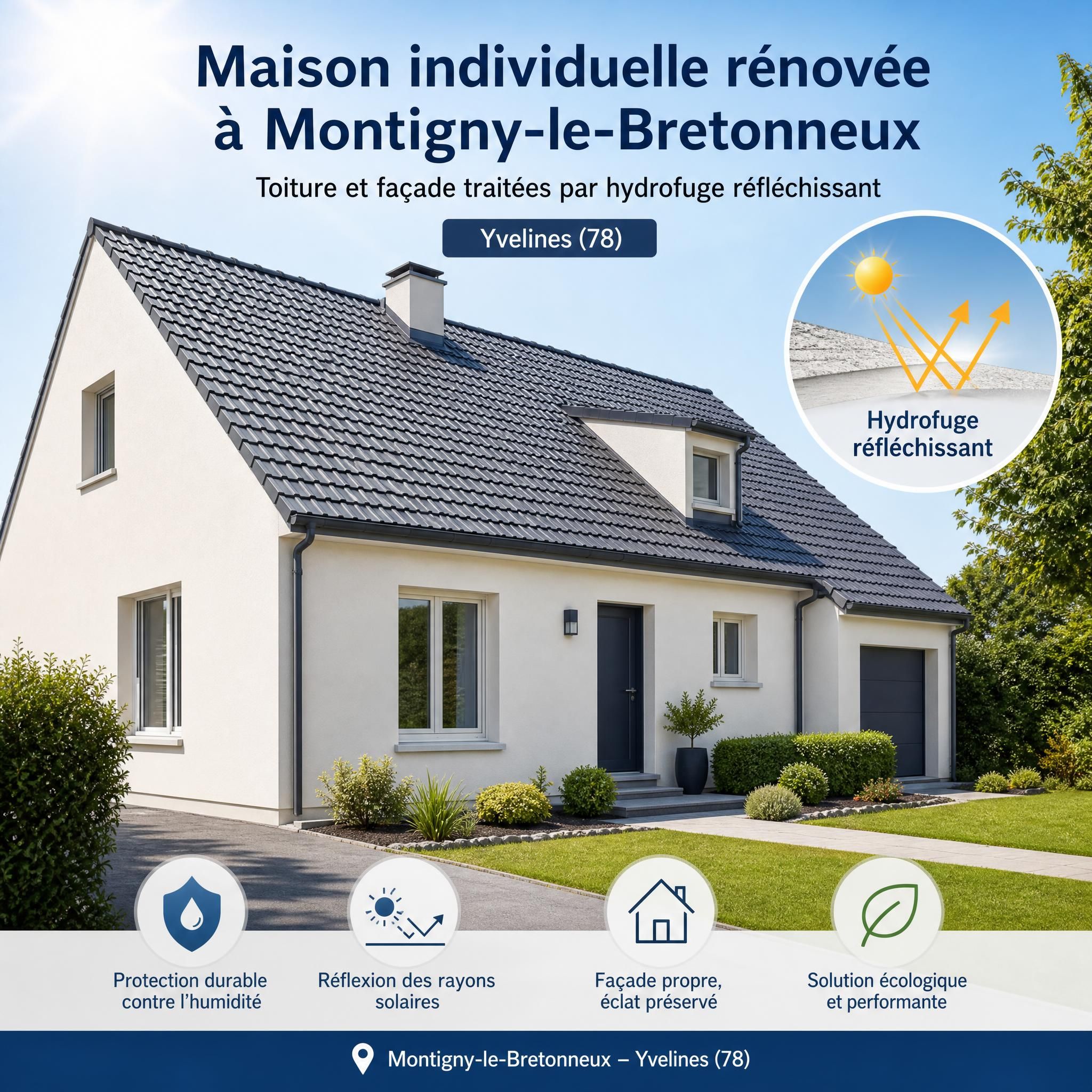Maison individuelle rénovée à Montigny-le-Bretonneux avec toiture et façade traitées par hydrofuge réfléchissant, Yvelines 78