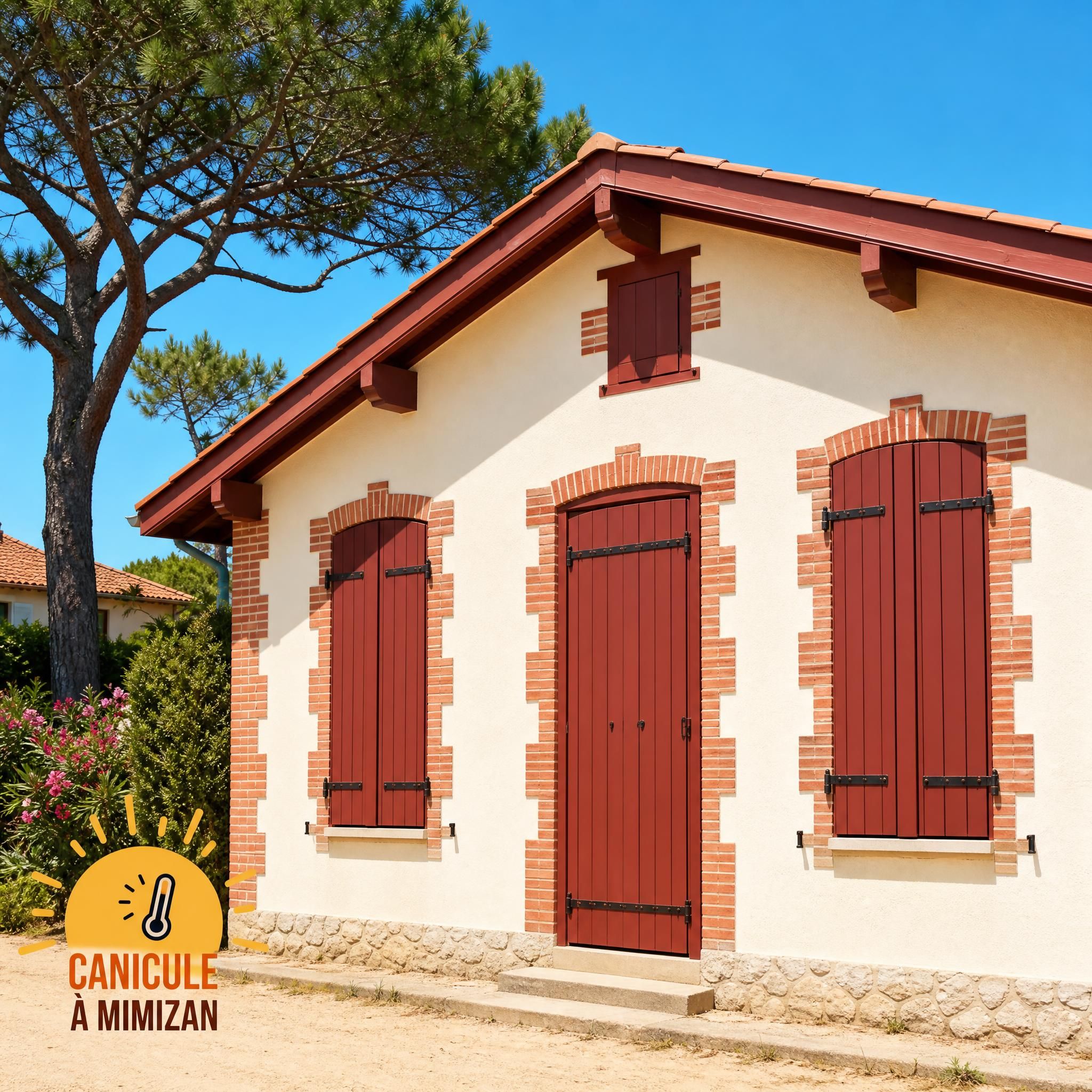 Maison landaise aux volets fermés pendant la canicule à Mimizan - façade ensoleillée avec volets en bois fermés