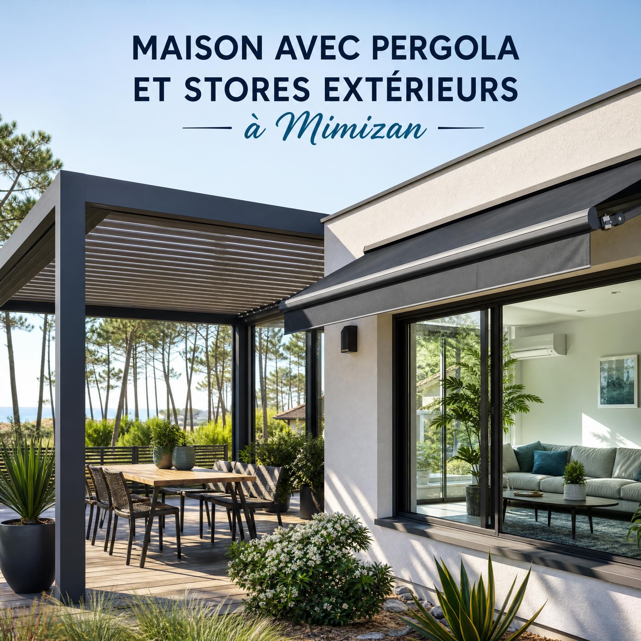 Maison avec pergola et stores extérieurs à Mimizan - intérieur frais visible par la fenêtre avec terrasse ombragée