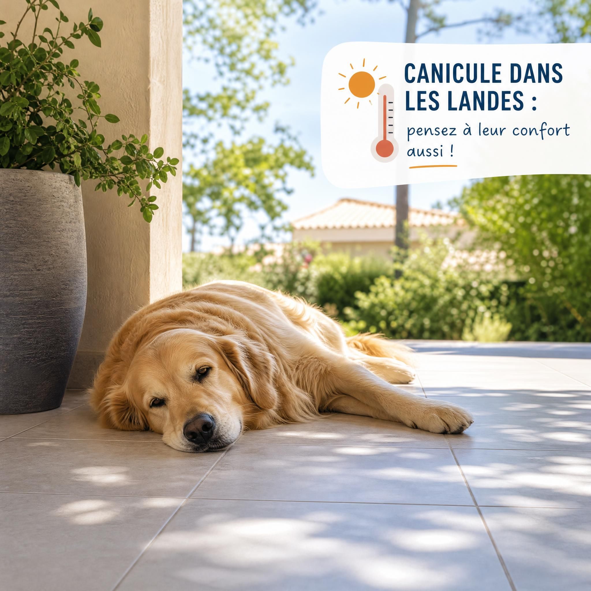 Chien se rafraîchissant sur carrelage frais pendant la canicule dans les Landes - golden retriever allongé à l'ombre sur du carrelage