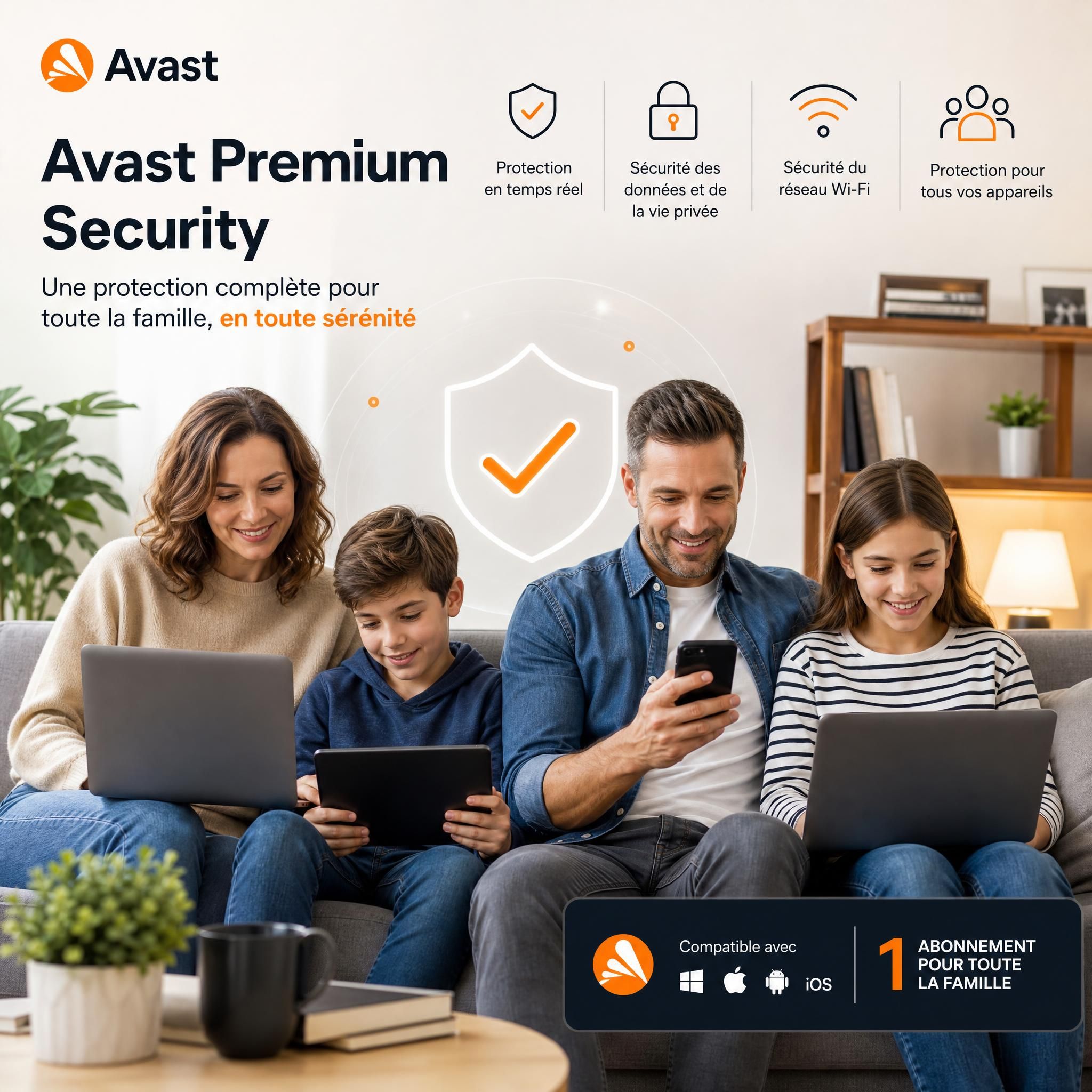 Famille française utilisant des appareils connectés en toute sécurité grâce à Avast Premium Security antivirus
