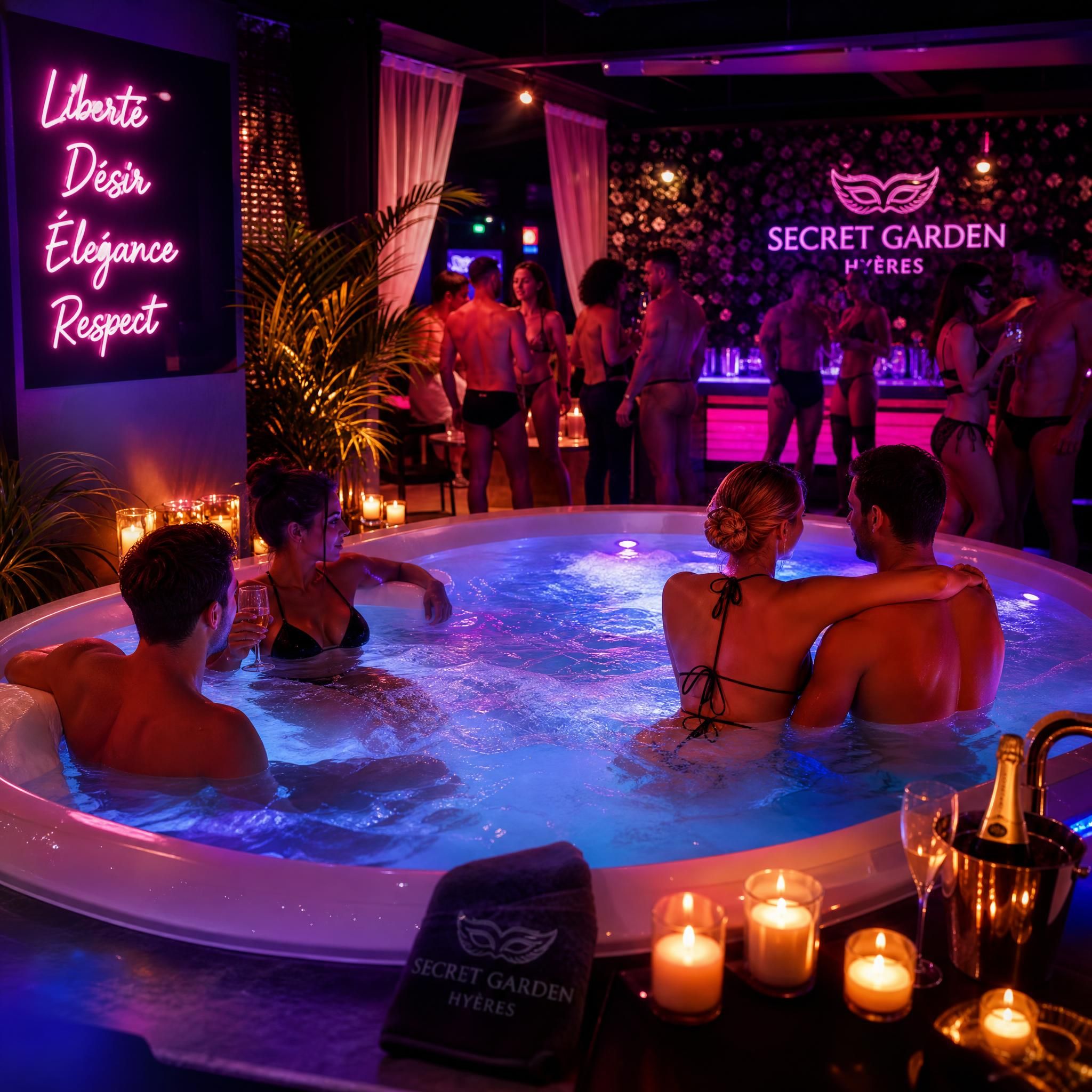 Ambiance lumineuse et raffinée d'une soirée thématique dans un club libertin haut de gamme à Hyères, Var, PACA — lumières fluo, jacuzzi, atmosphère festive et élégante