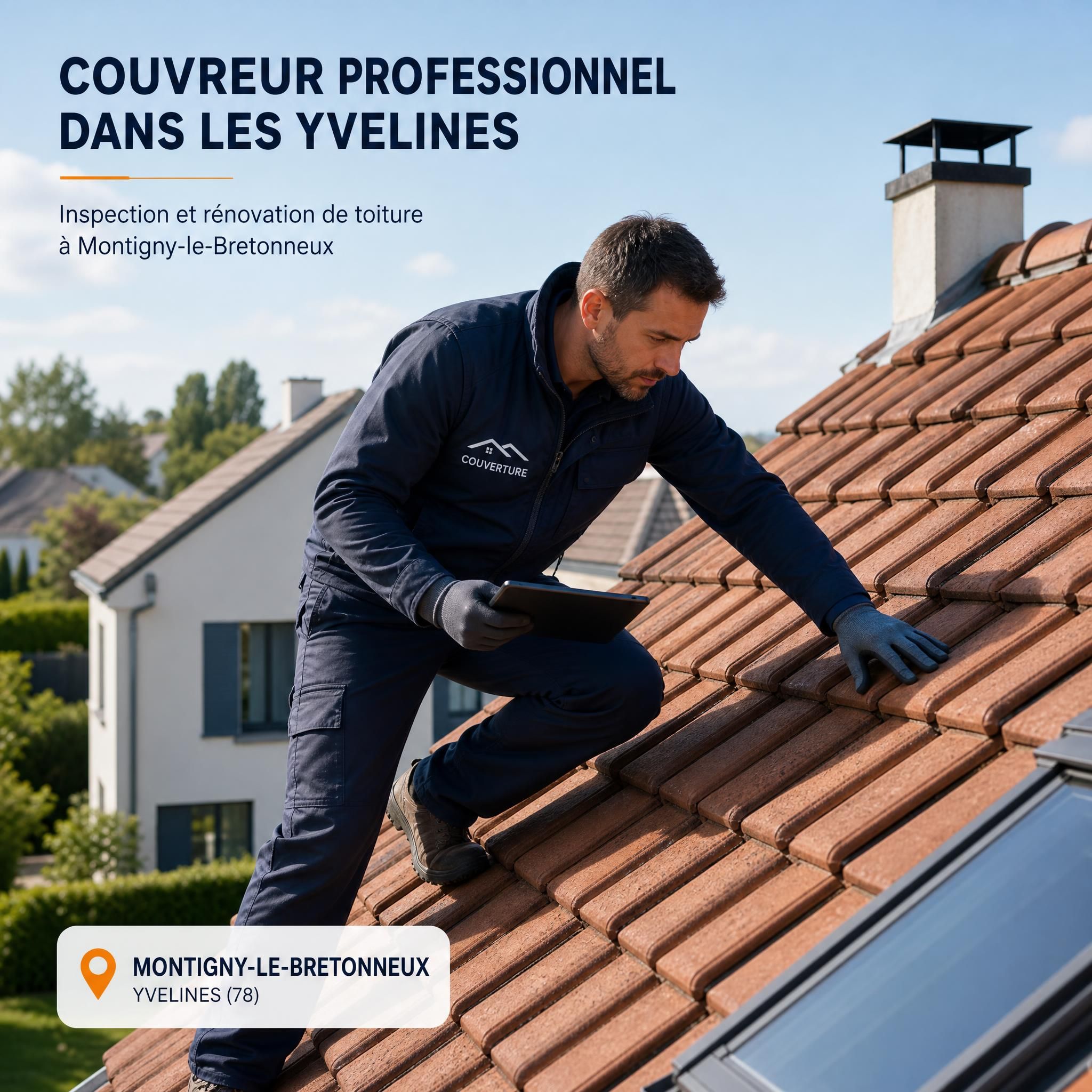 Couvreur professionnel inspectant une toiture en tuiles dans les Yvelines, maison individuelle rénovée à Montigny-le-Bretonneux