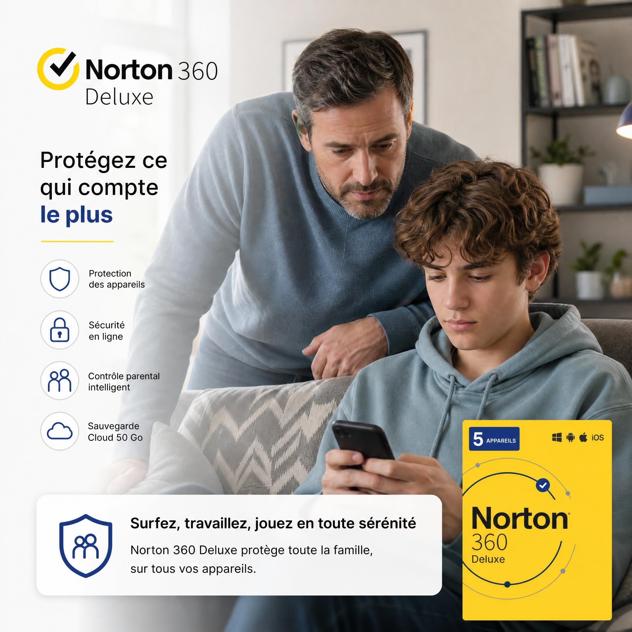 Parent inquiet regardant l'écran d'un adolescent utilisant un smartphone, illustration de la protection numérique familiale avec Norton 360 Deluxe
