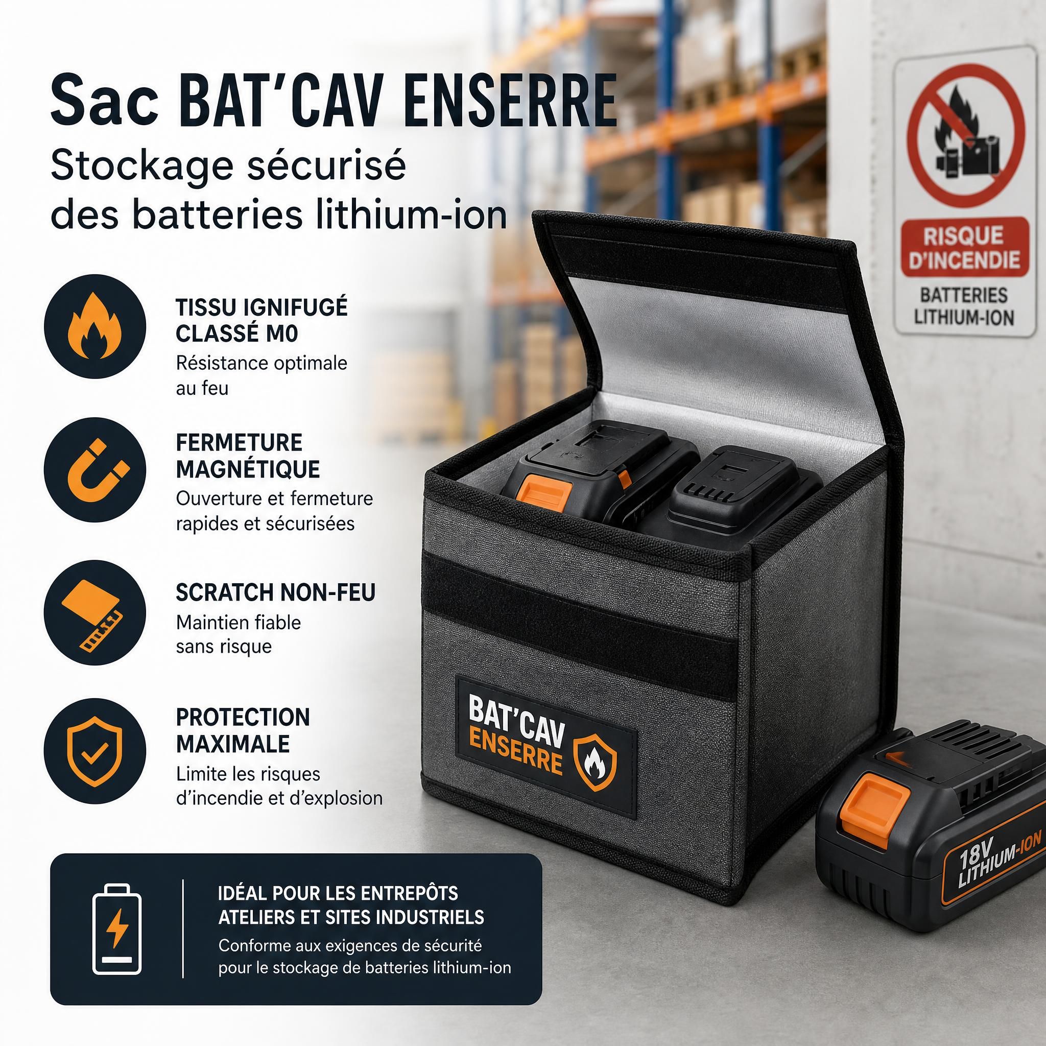 Sac Bat'Cav ENSERRE en tissu ignifugé classé M0, avec fermeture magnétique et scratch non-feu, pour le stockage sécurisé de batteries lithium-ion en entrepôt