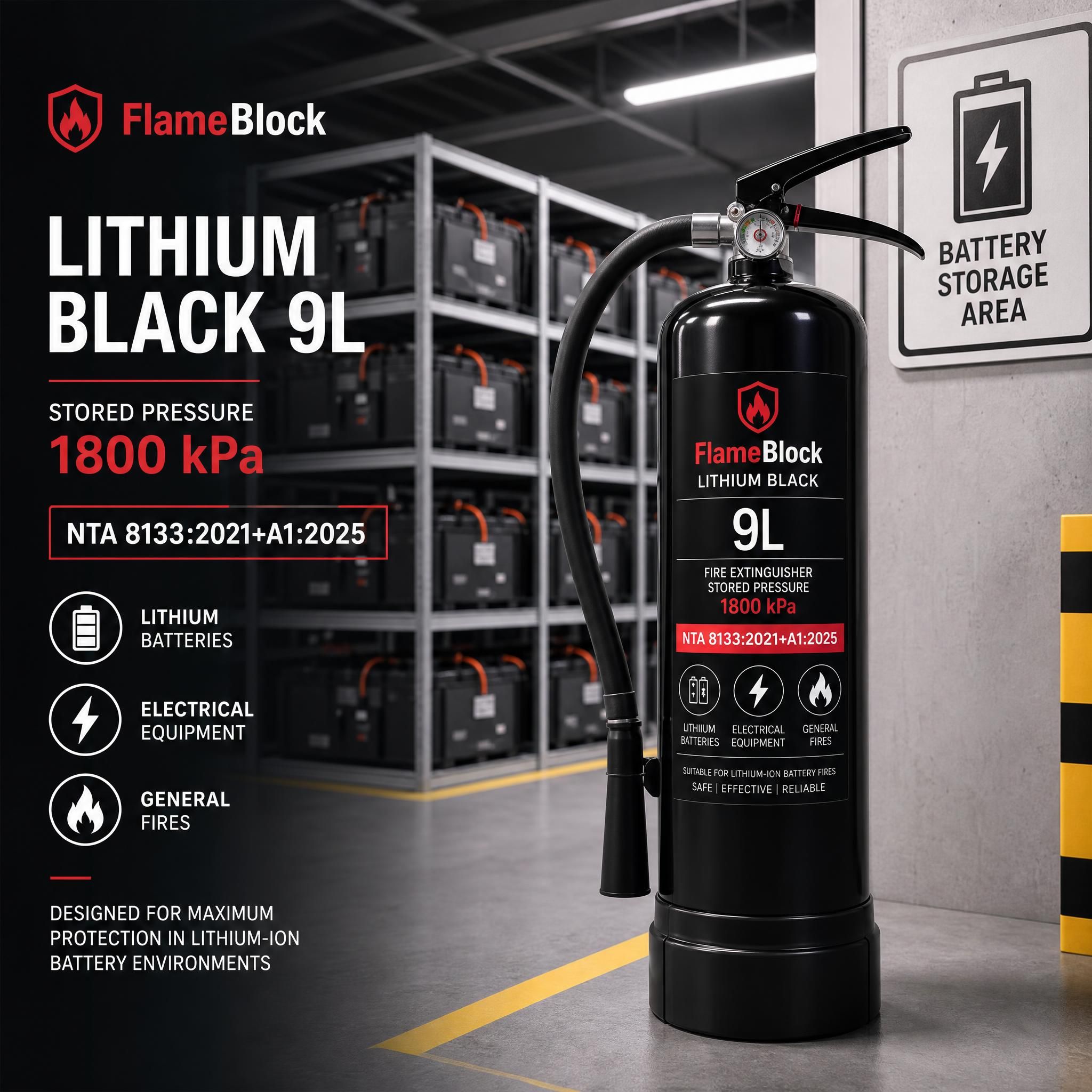 Extincteur FlameBlock Lithium Black 9L à pression stockée 1800 kPa, avec marquage NTA 8133:2021+A1:2025, positionné dans un entrepôt de stockage de batteries