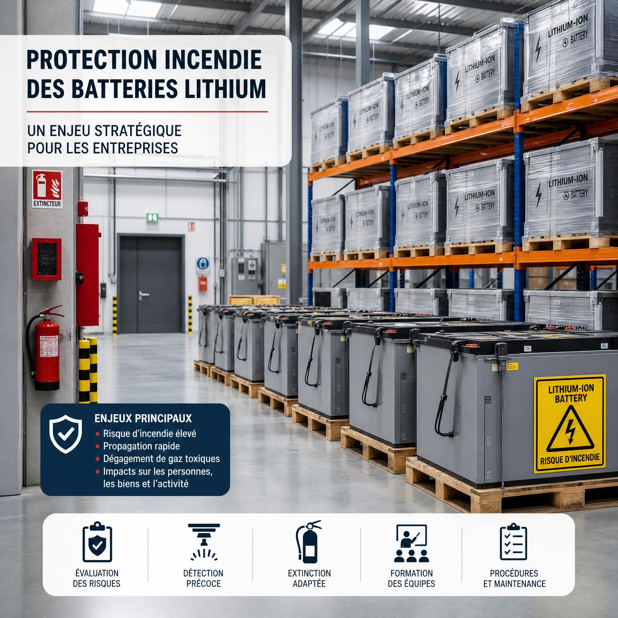 Vue d'ensemble d'un entrepôt professionnel avec batteries lithium-ion stockées, illustrant les enjeux de protection incendie lithium en milieu industriel