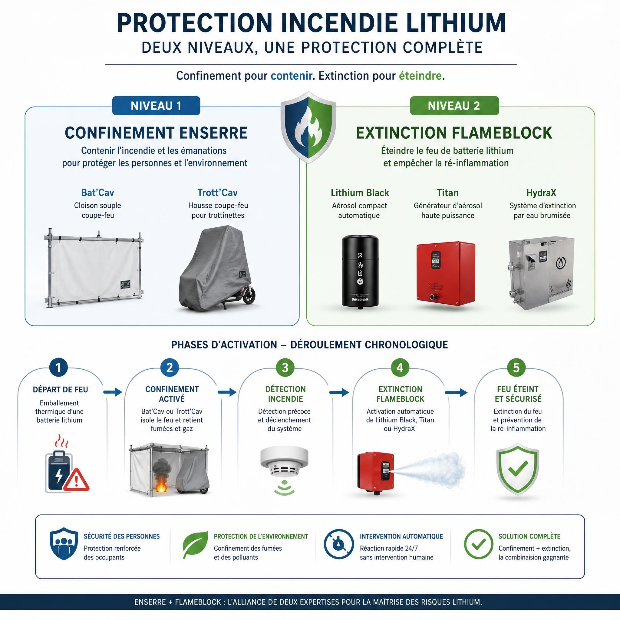 Schéma illustrant les deux niveaux de protection incendie lithium — confinement ENSERRE (Bat'Cav, Trott'Cav) et extinction FlameBlock (Lithium Black, Titan, HydraX) — avec les phases d'activation chronologique
