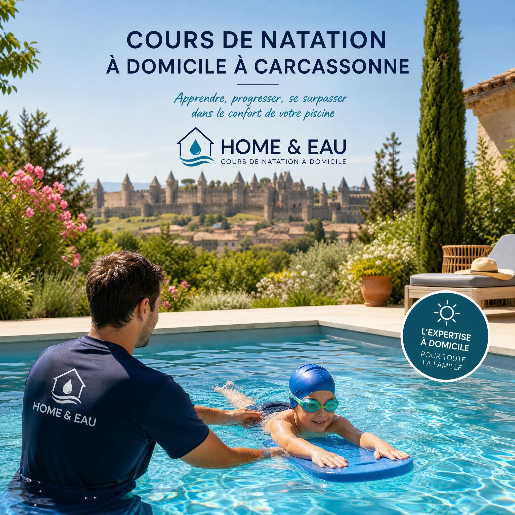 Cours de natation à domicile à Carcassonne avec Home & Eau — piscine privée dans un jardin ensoleillé du Sud de la France, Cité médiévale en arrière-plan