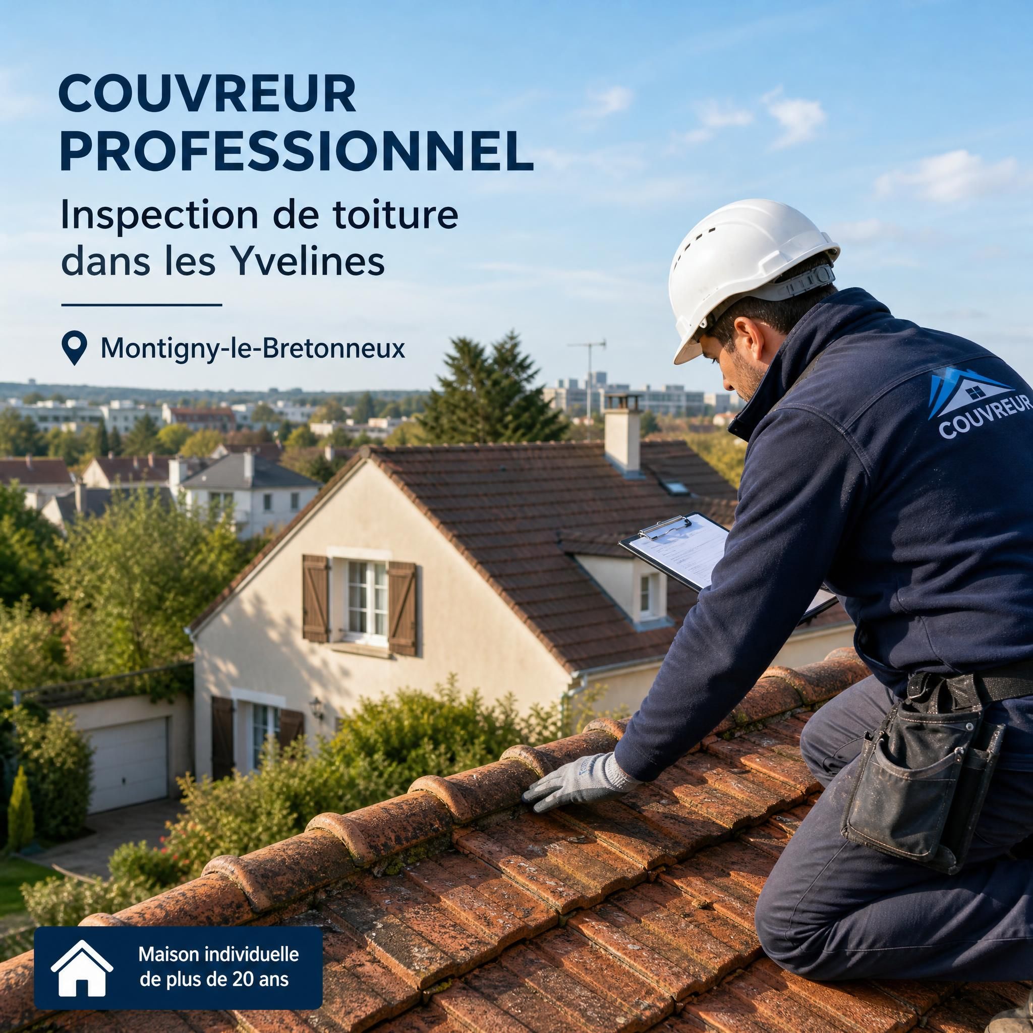 Couvreur professionnel inspectant une toiture en tuiles dans les Yvelines avec vue sur maison individuelle de plus de 20 ans à Montigny-le-Bretonneux