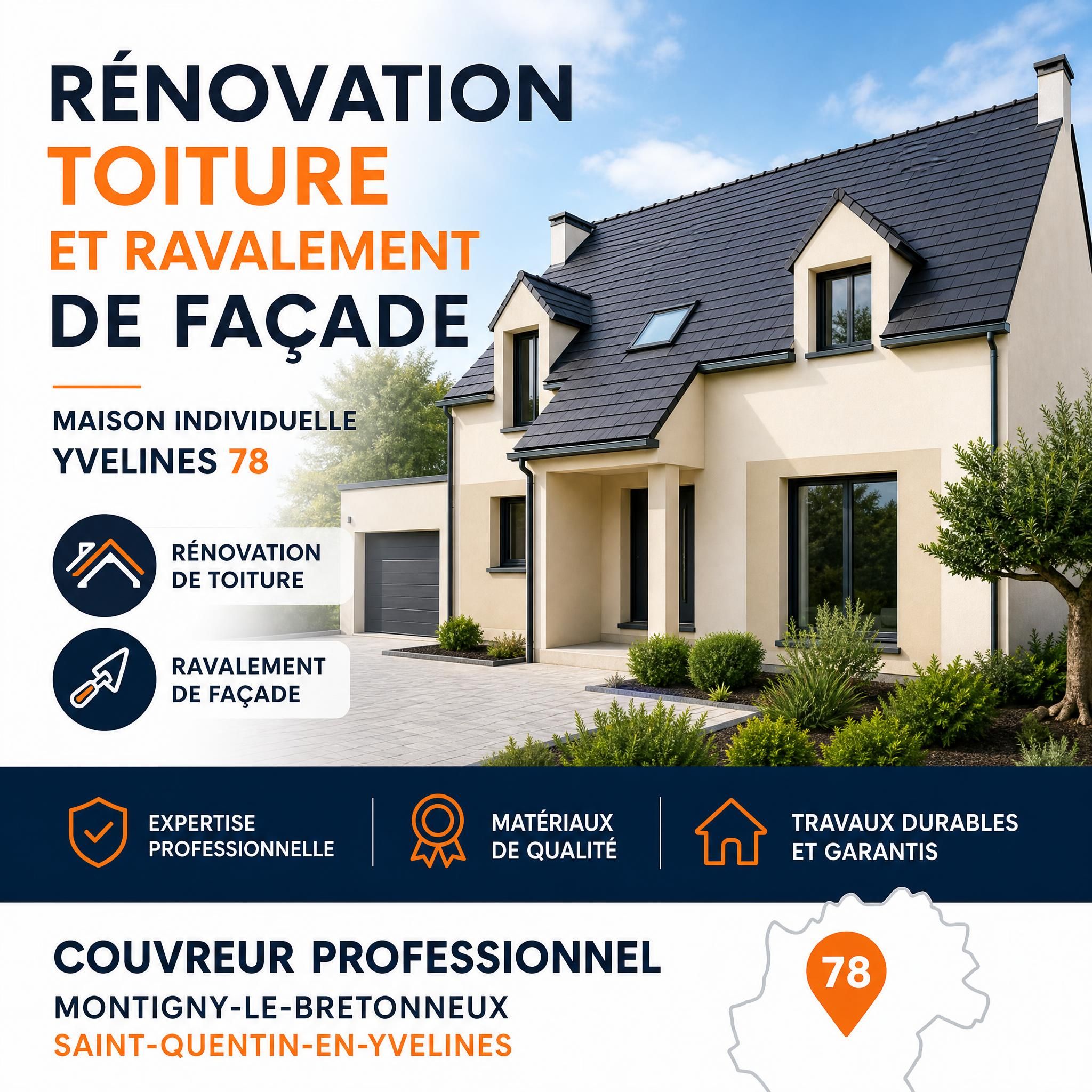 Rénovation toiture et ravalement de façade maison individuelle Yvelines 78 – couvreur professionnel Montigny-le-Bretonneux Saint-Quentin-en-Yvelines