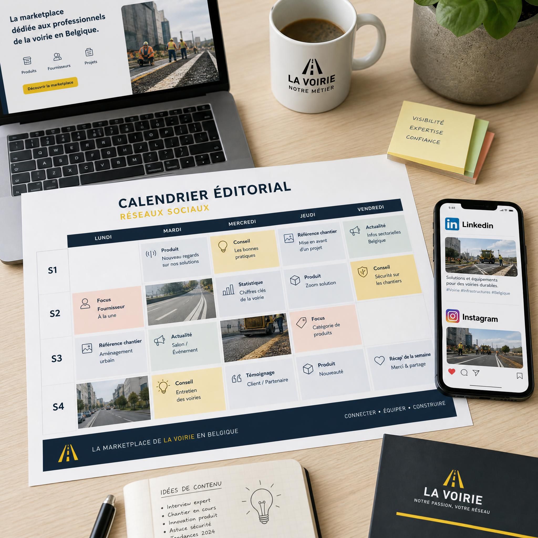 Calendrier éditorial social media sur un bureau avec un smartphone affichant LinkedIn et Instagram, outils de planification de contenu pour une marketplace de voirie belge