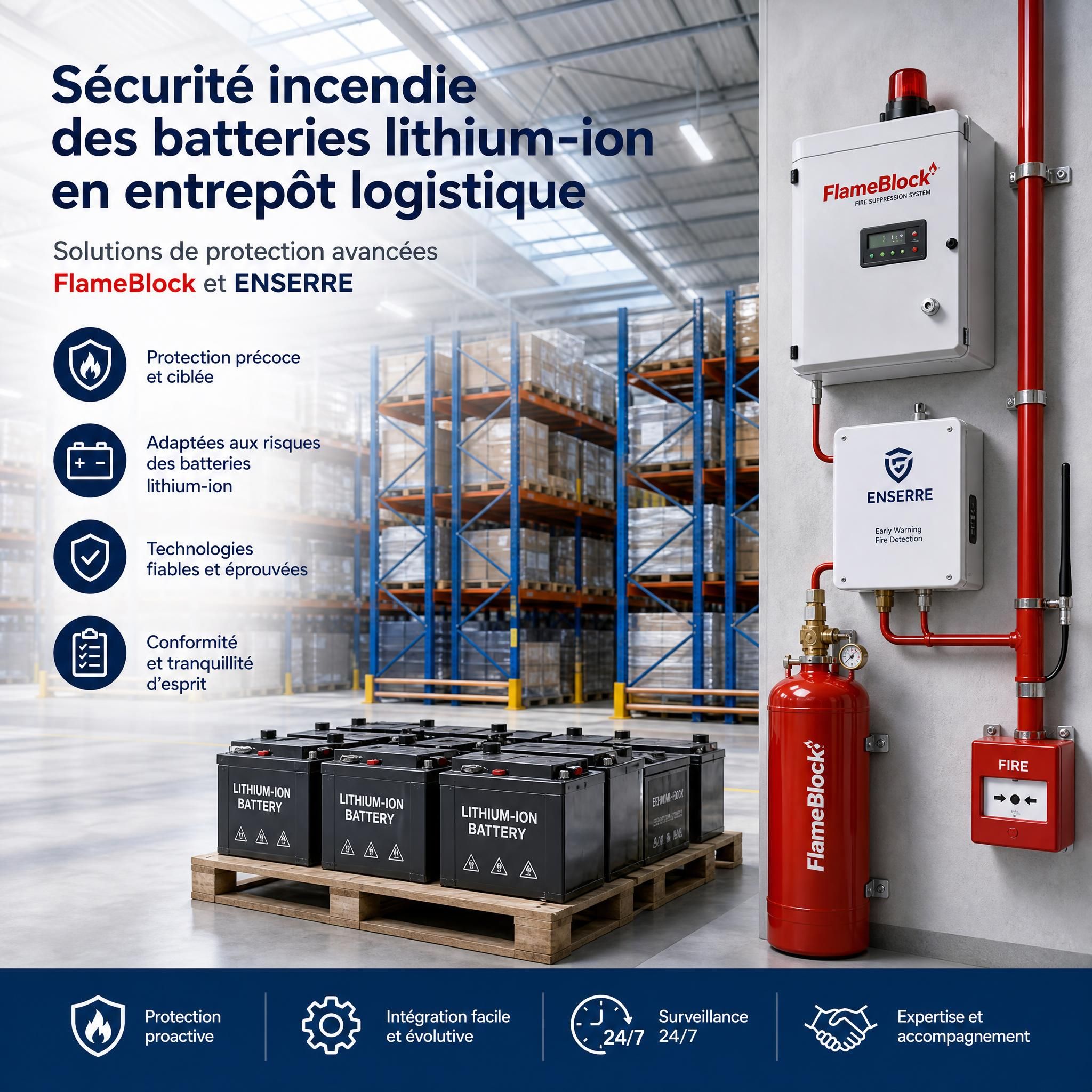 Entrepôt logistique avec batteries lithium-ion stockées et équipements de protection incendie FlameBlock et ENSERRE