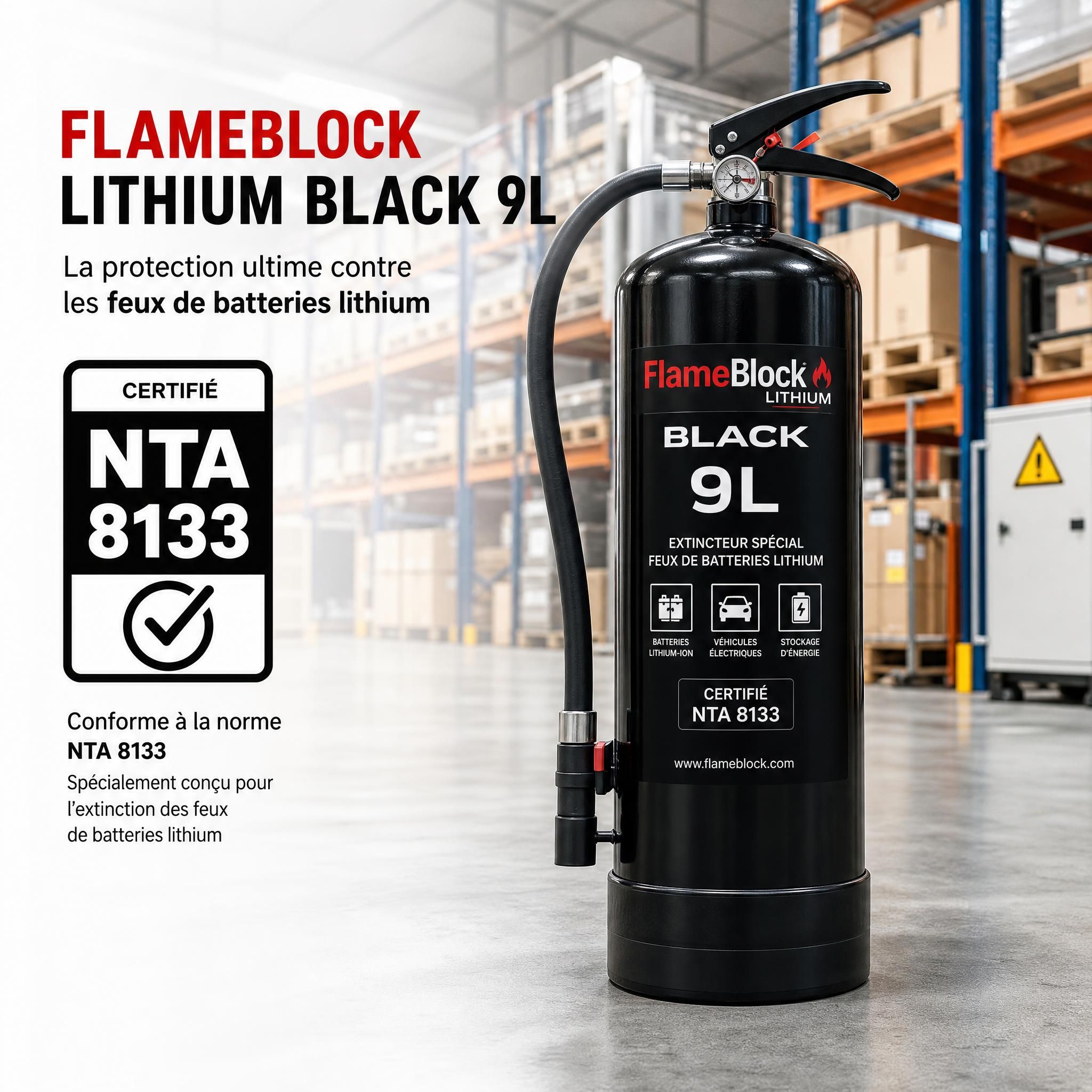 Extincteur FlameBlock Lithium Black 9L avec certification NTA 8133 visible, sur fond d'entrepôt professionnel