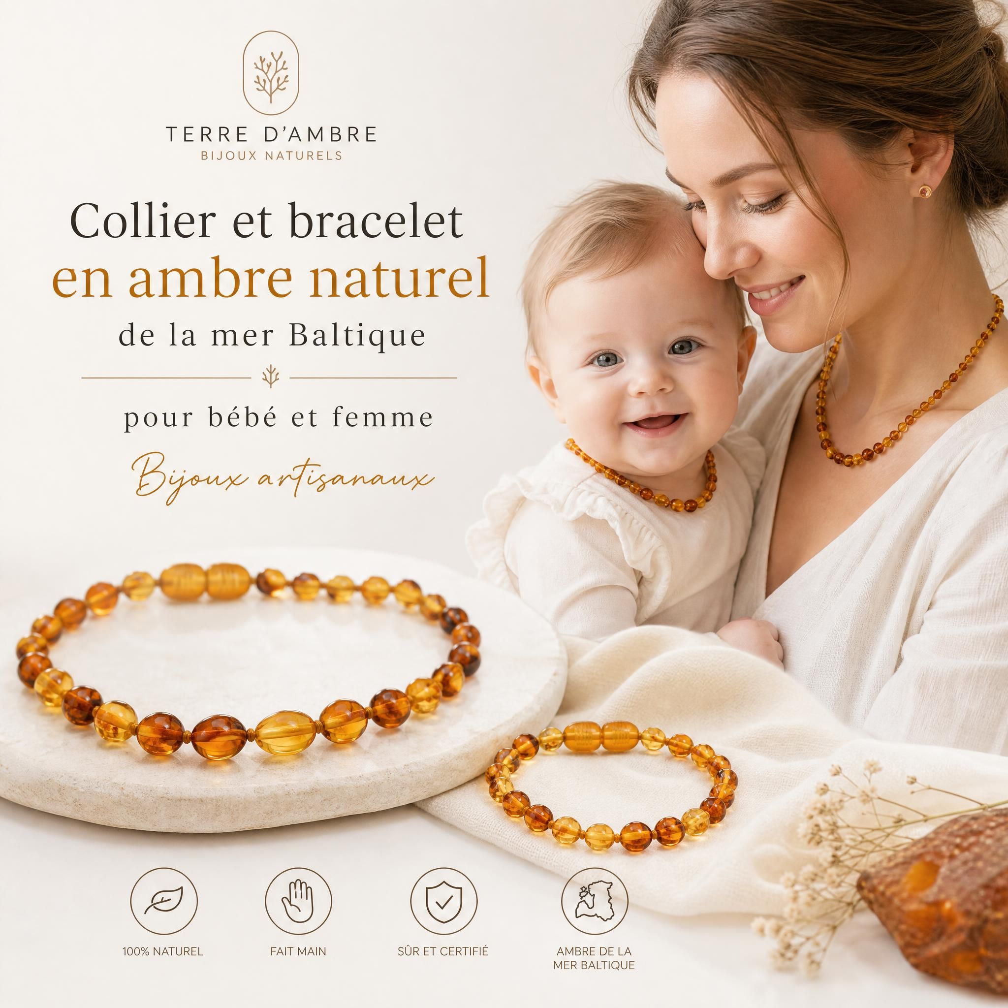 Collier et bracelet en ambre naturel de la mer Baltique pour bébé et femme — bijoux artisanaux Terre d'Ambre