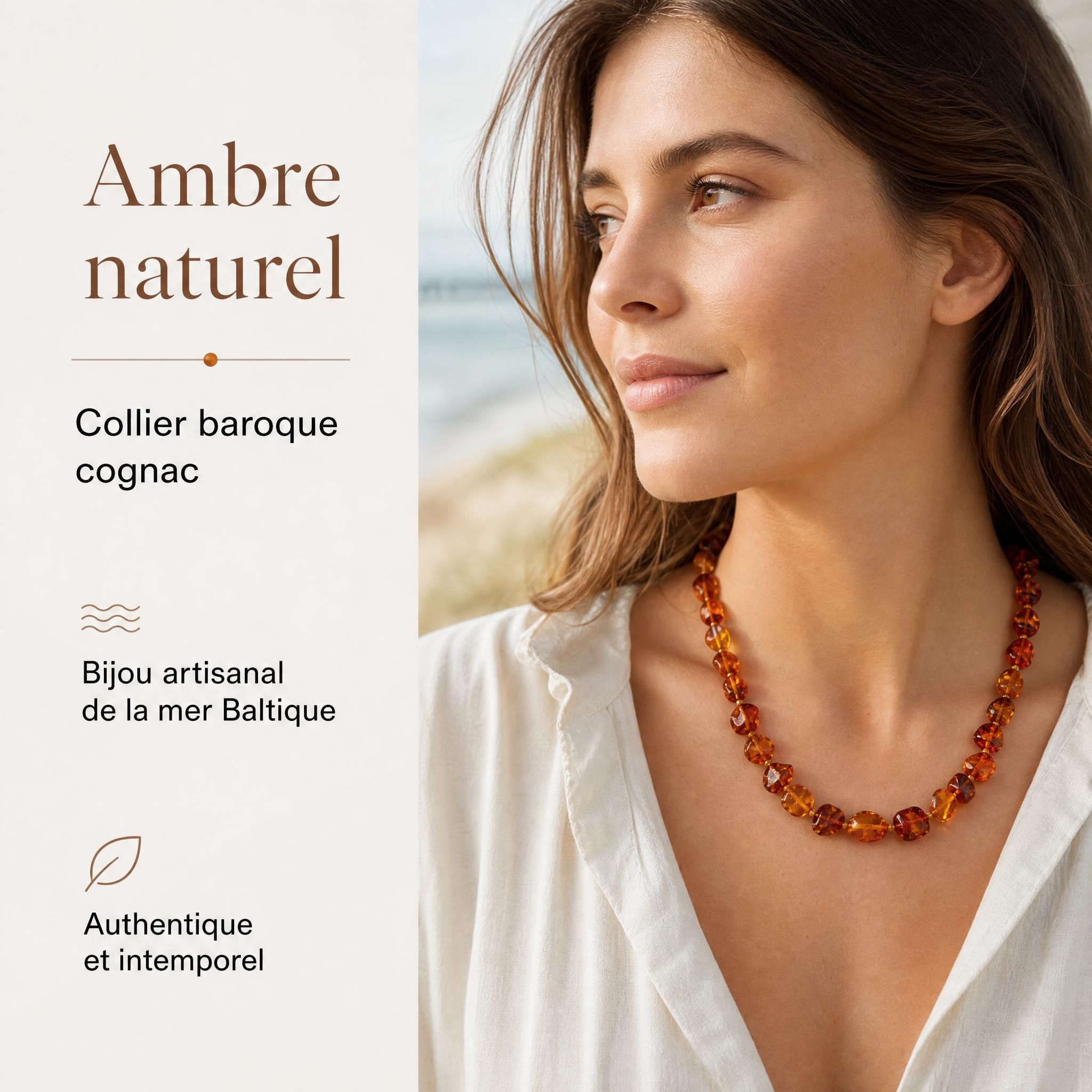 Femme portant un collier en ambre naturel baroque cognac — bijou artisanal de la mer Baltique