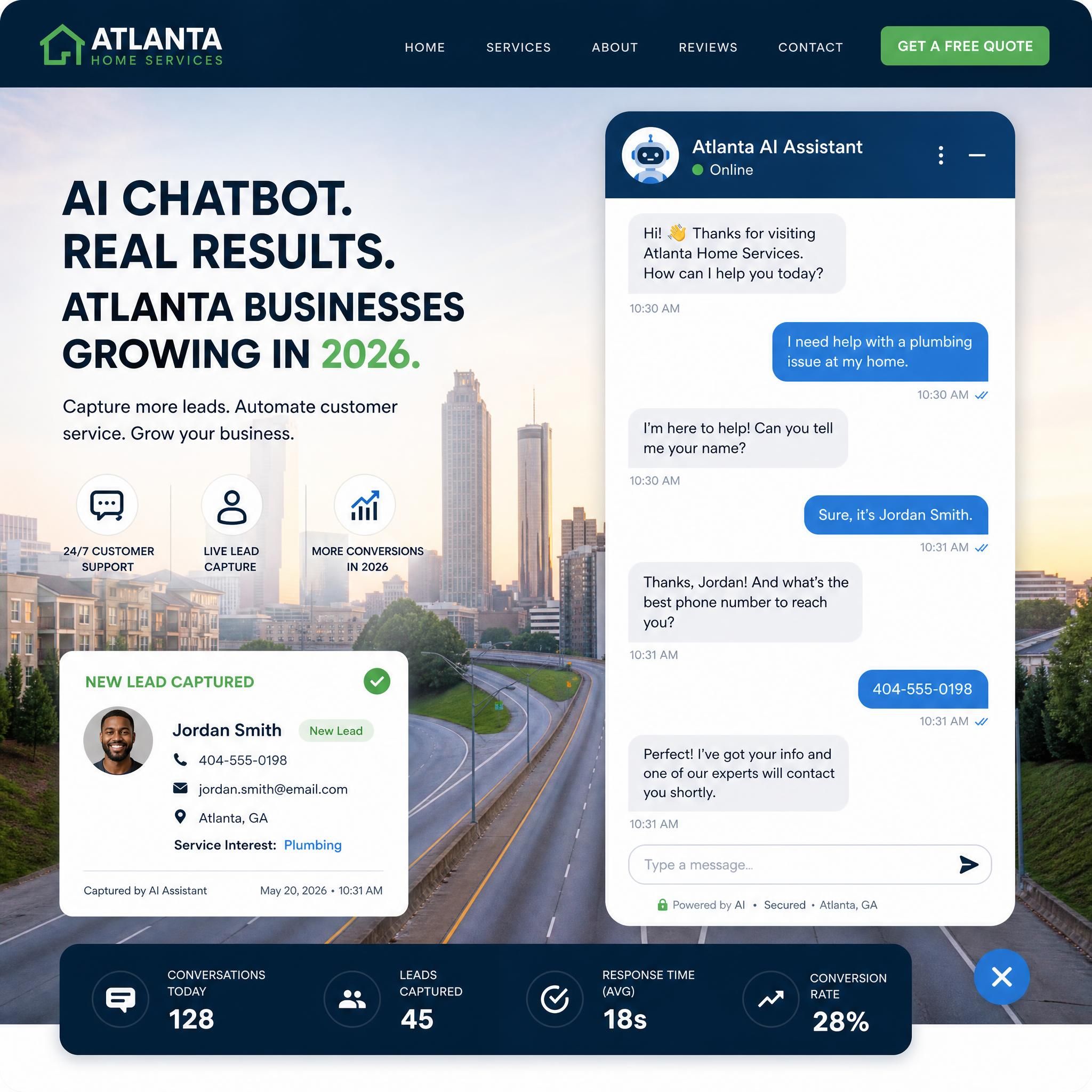 AI chatbot interface on a small business website in Atlanta showing live lead capture and customer service automation in 2026