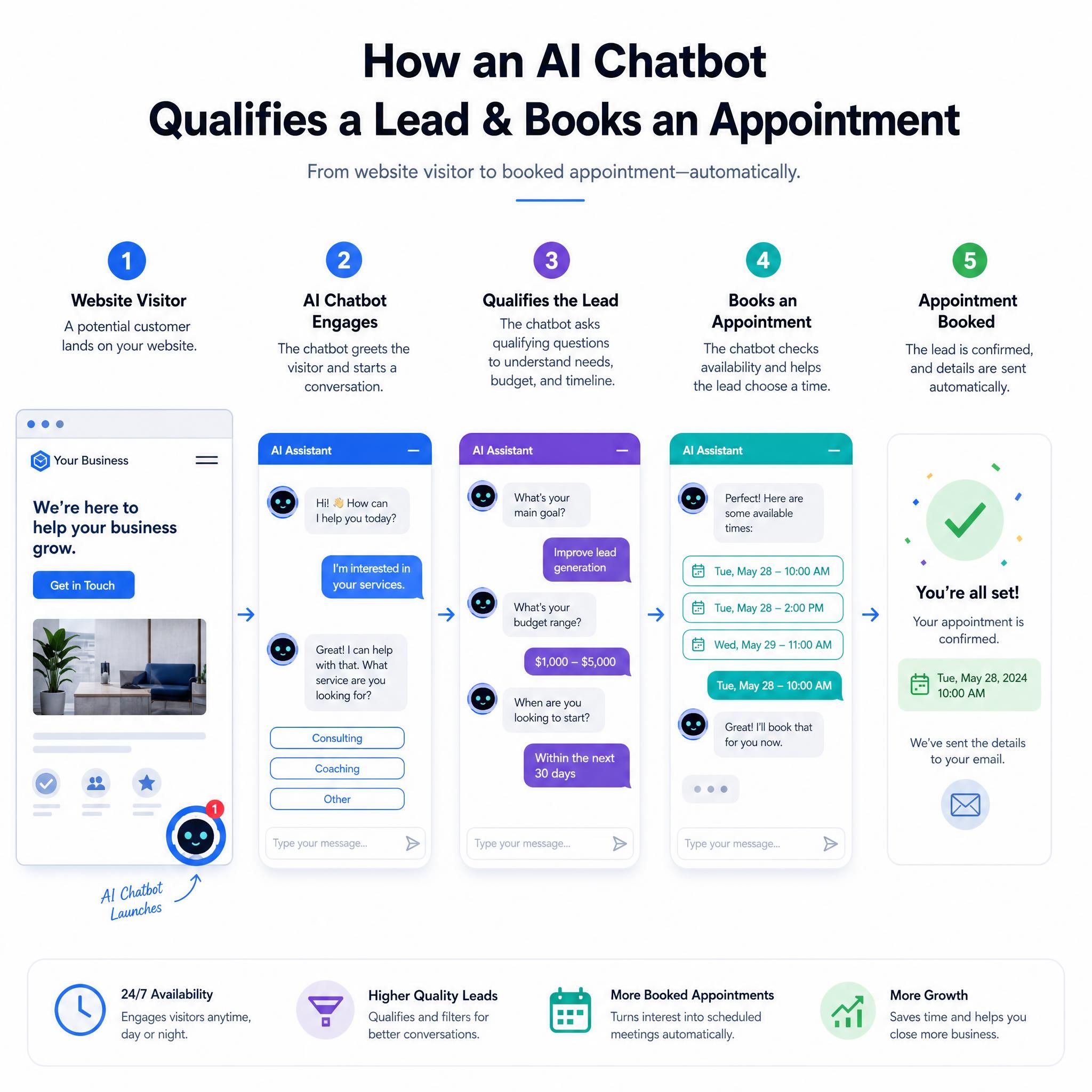 Diagram showing how an AI chatbot qualifies a lead from website visitor to booked appointment on a small business website