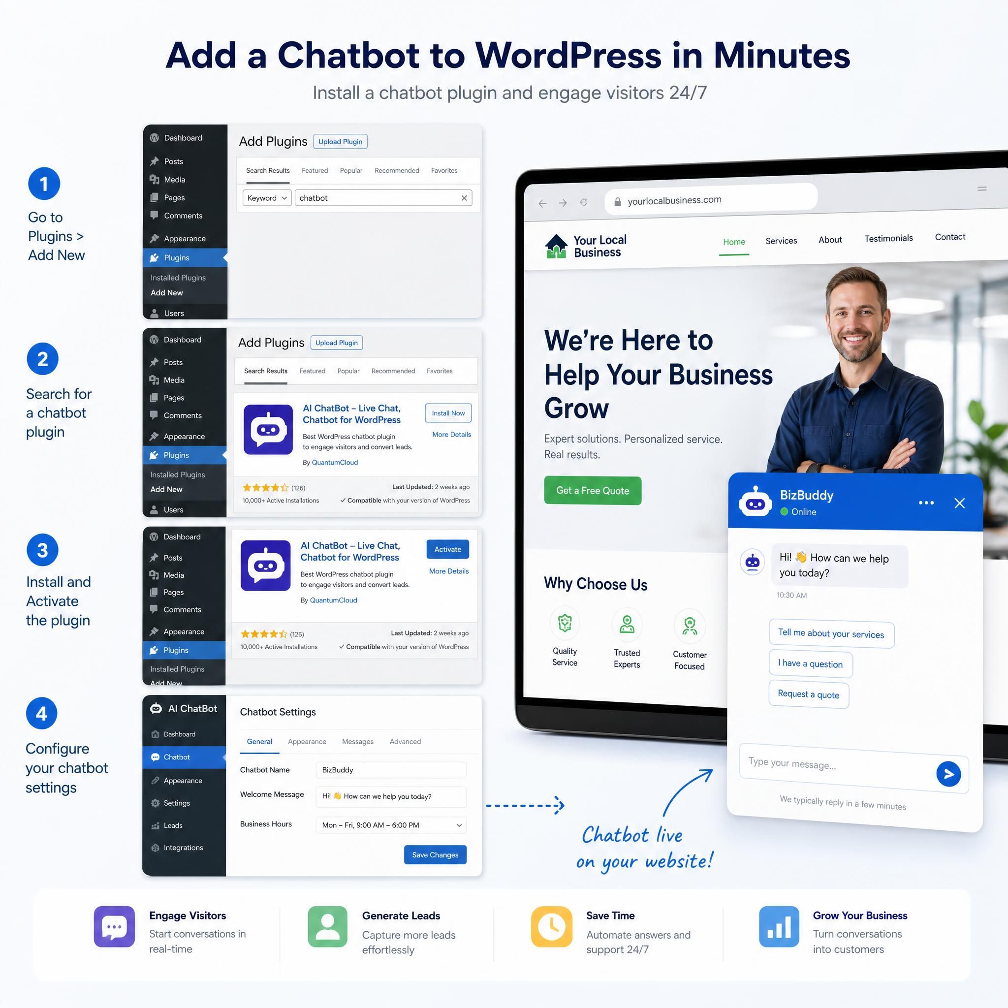 WordPress dashboard showing chatbot plugin installation steps with chat widget preview on a local business website
