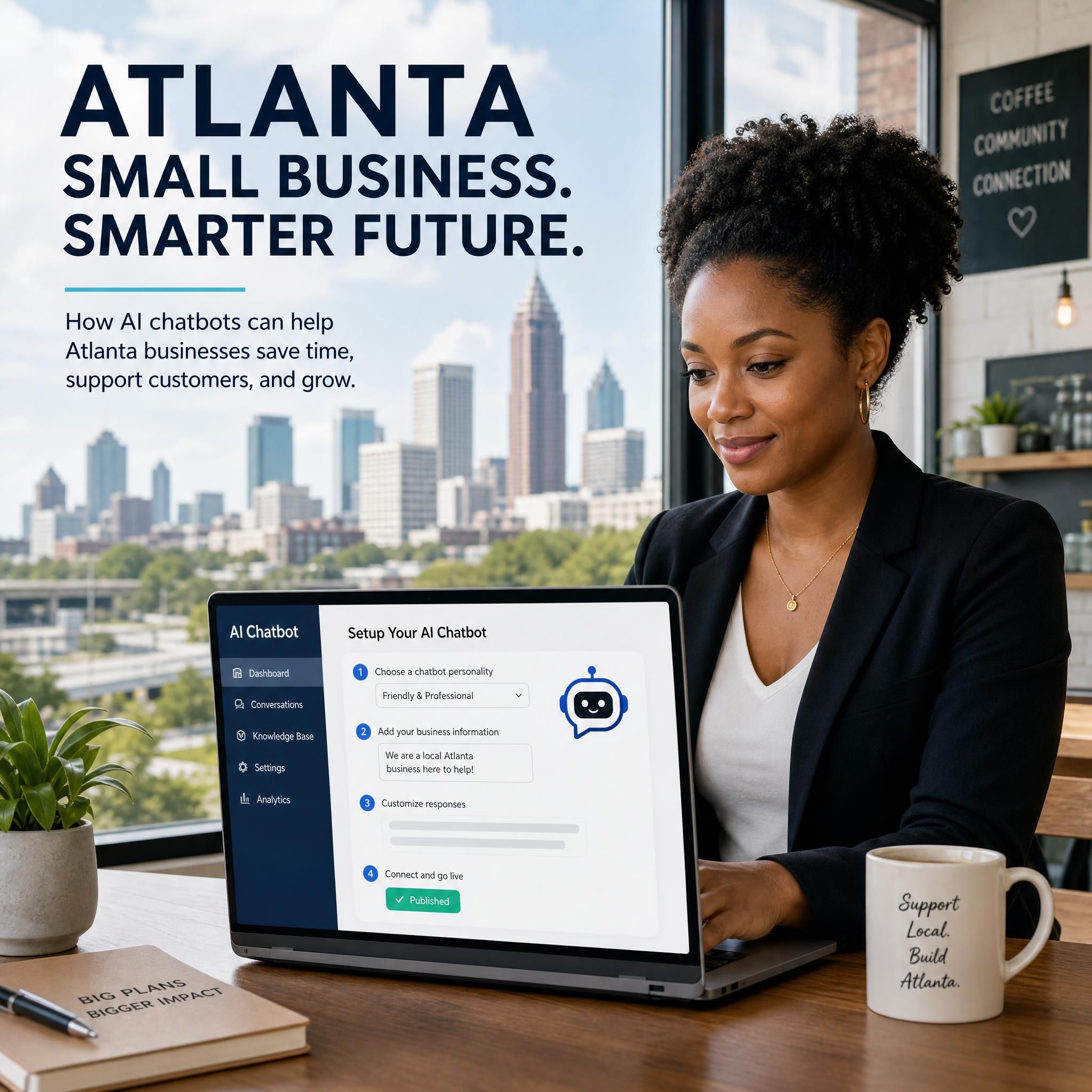 Atlanta small business owner setting up an AI chatbot on a laptop with the city skyline in the background
