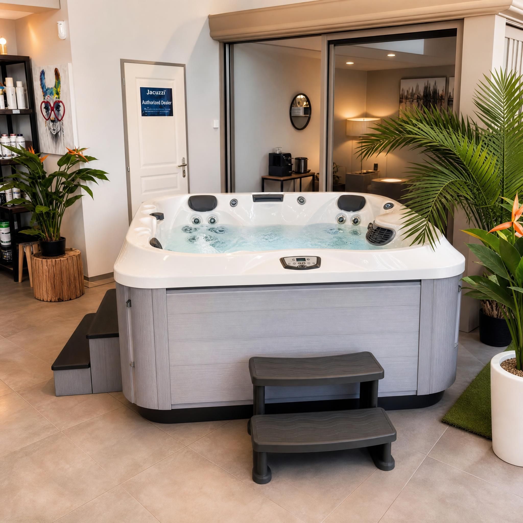 Spa Jacuzzi sous pergola bioclimatique en bois, ambiance cosy en soirée avec éclairage LED