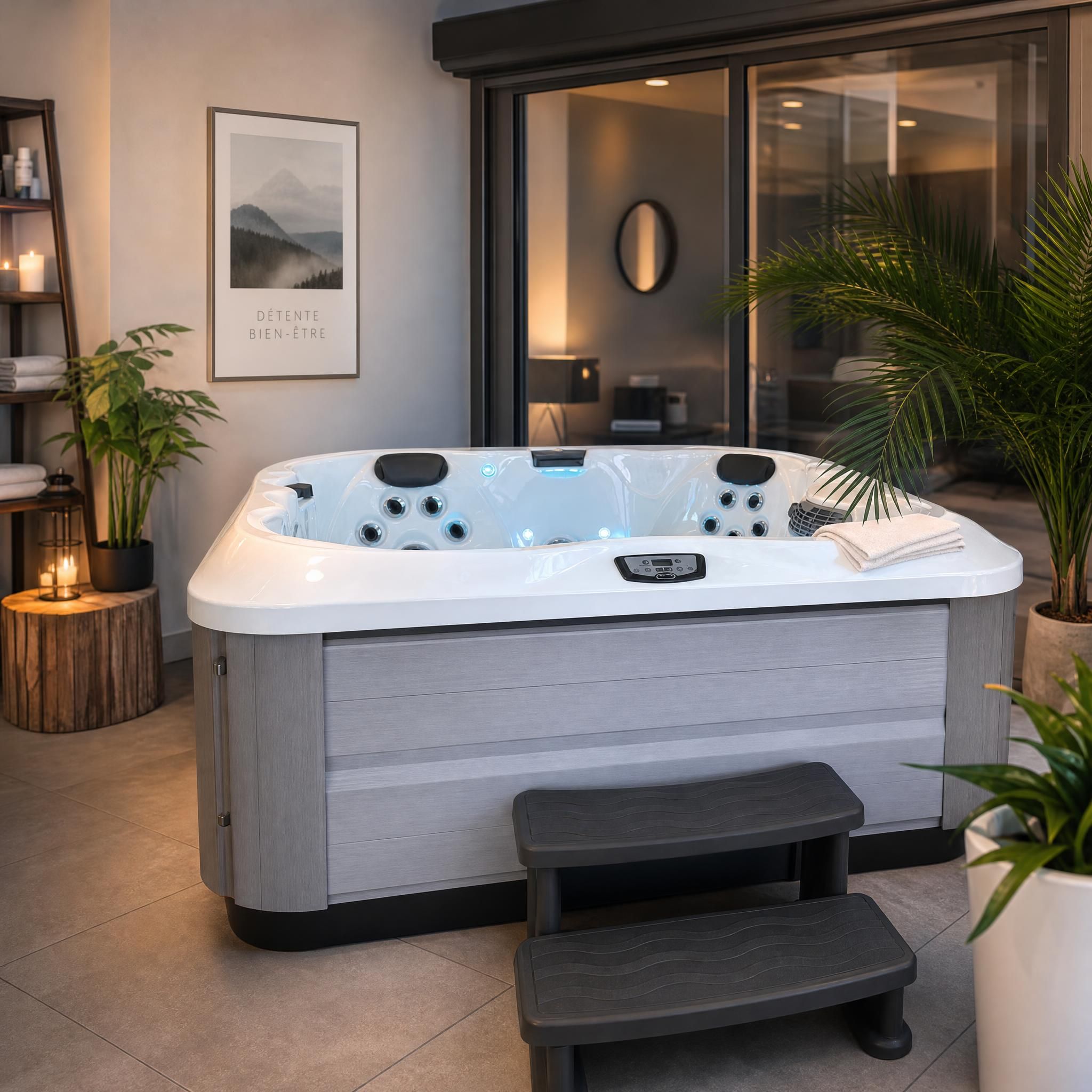 Spa Jacuzzi installé sur une terrasse extérieure bien préparée, entouré d'un aménagement paysager soigné