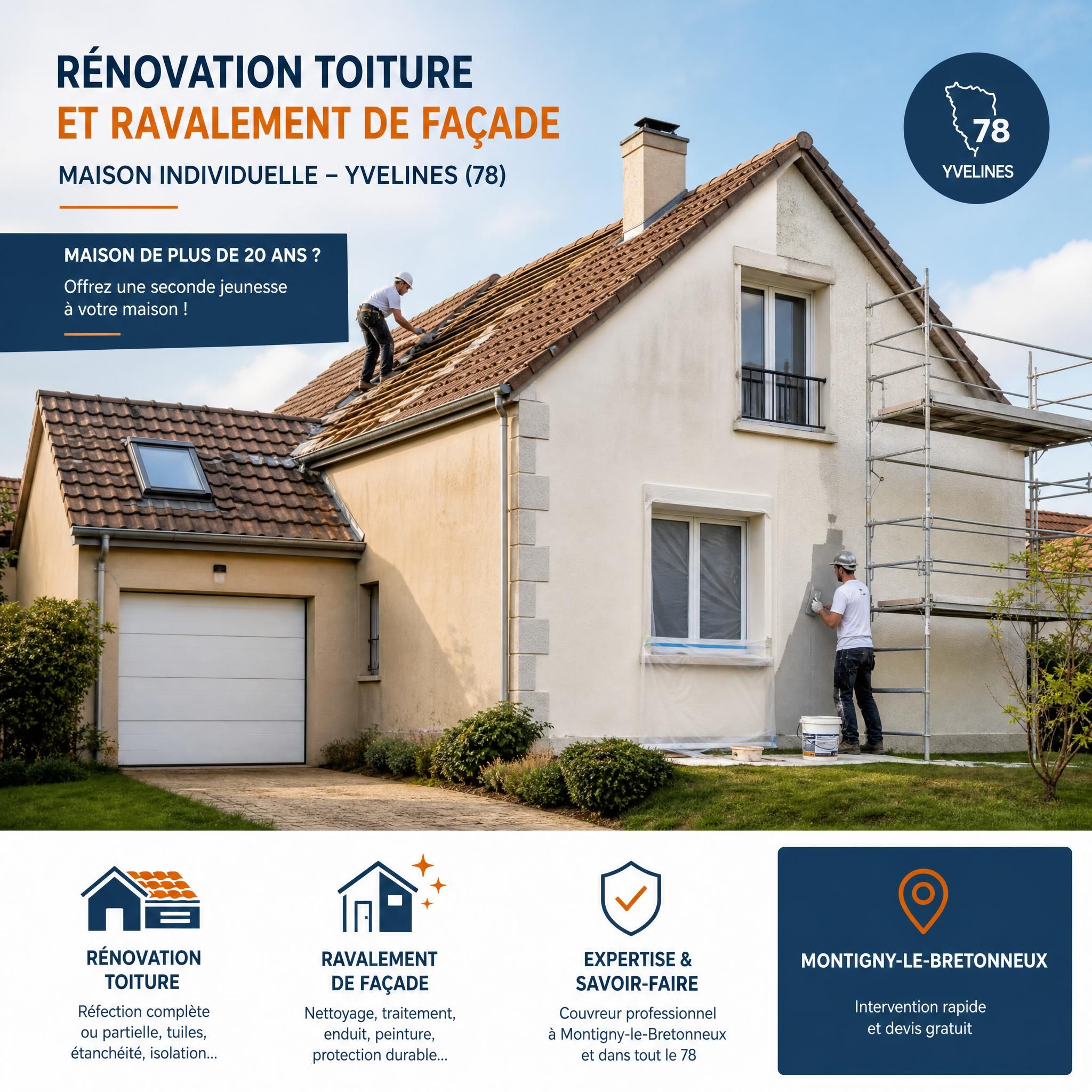 Rénovation toiture et ravalement de façade maison individuelle Yvelines 78 – couvreur professionnel Montigny-le-Bretonneux intervenant sur une maison de plus de 20 ans