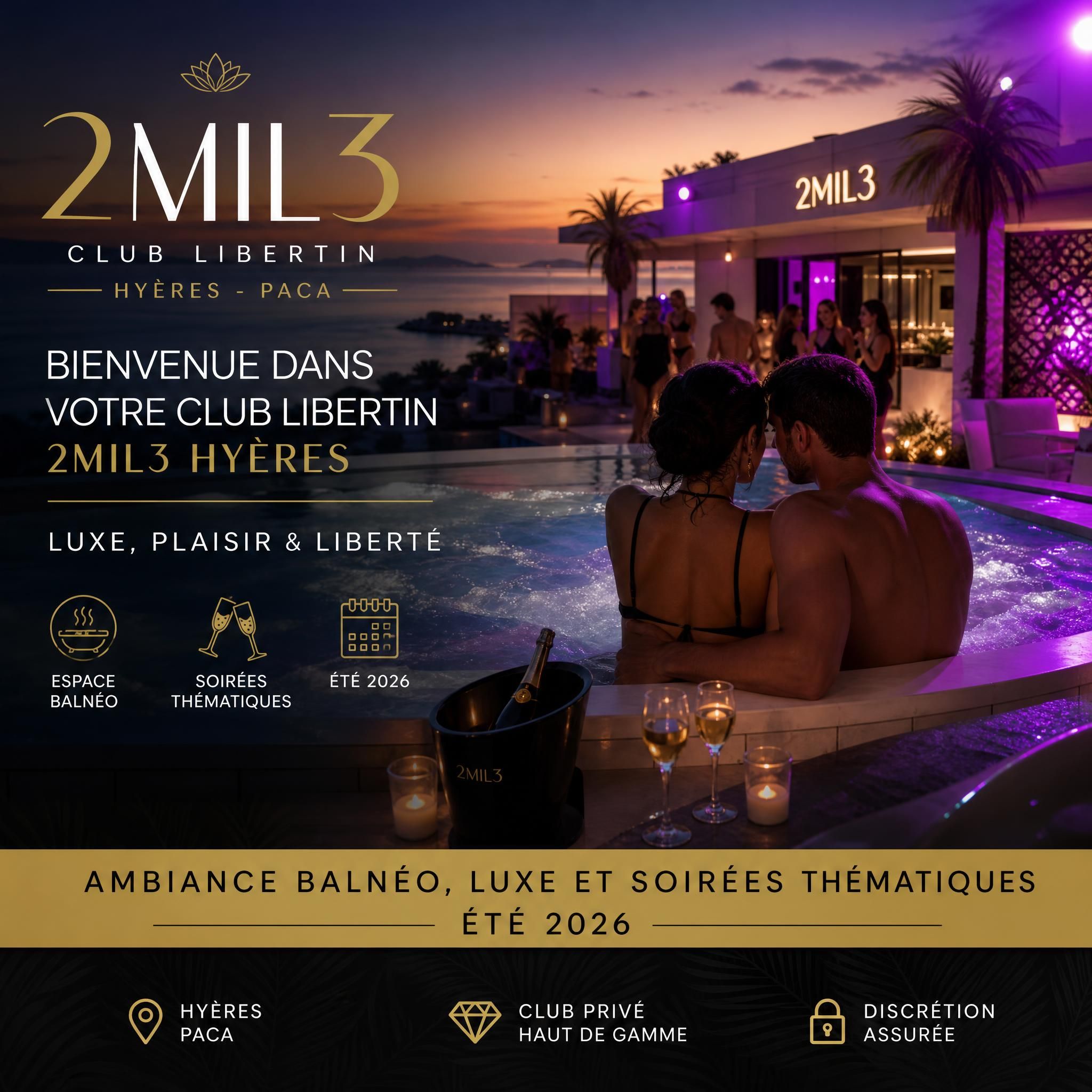 Club libertin 2mil3 Hyères PACA - ambiance balnéo luxe et soirées thématiques été 2026