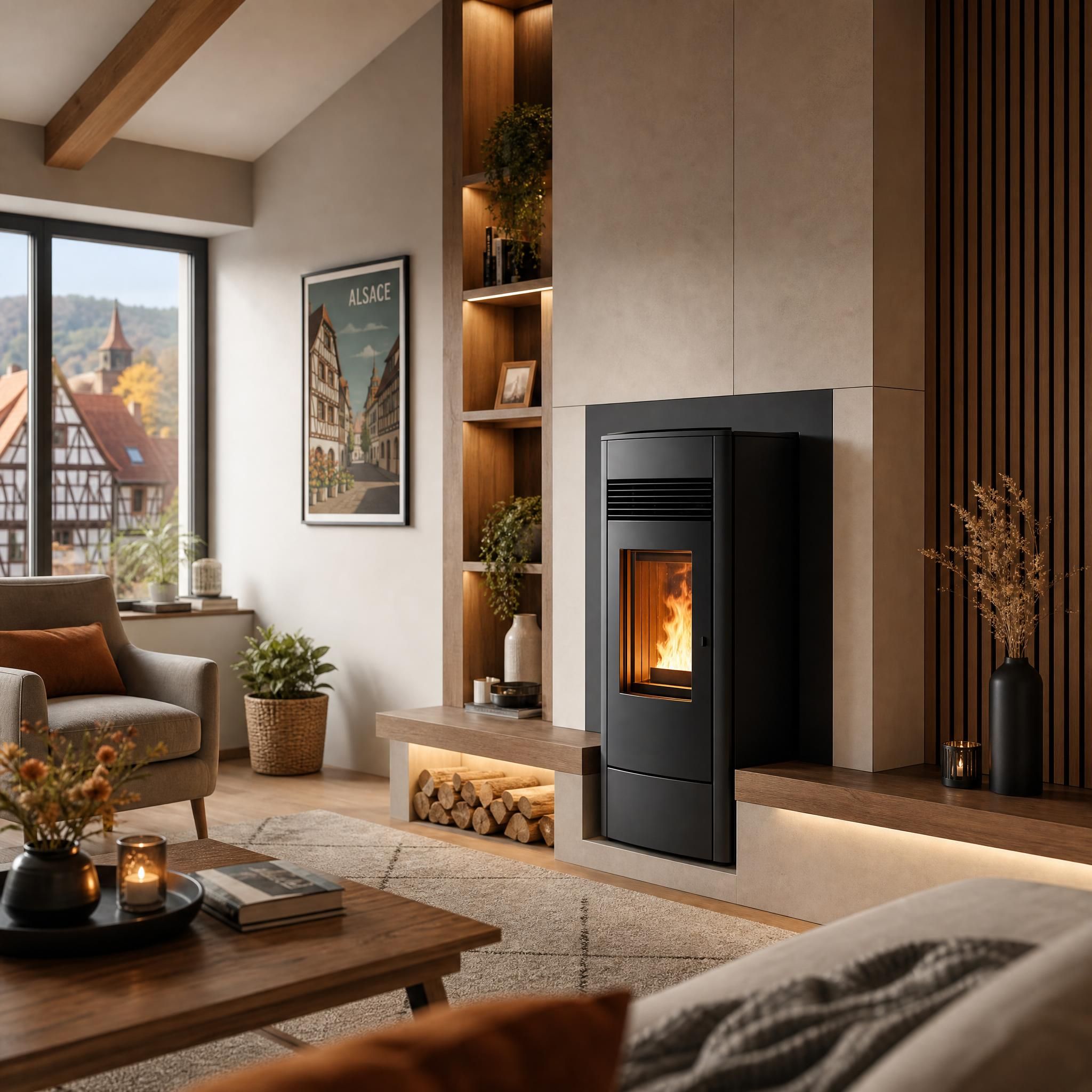Poêle à granulés moderne installé dans un salon alsacien avec cheminée sur mesure et ambiance chaleureuse