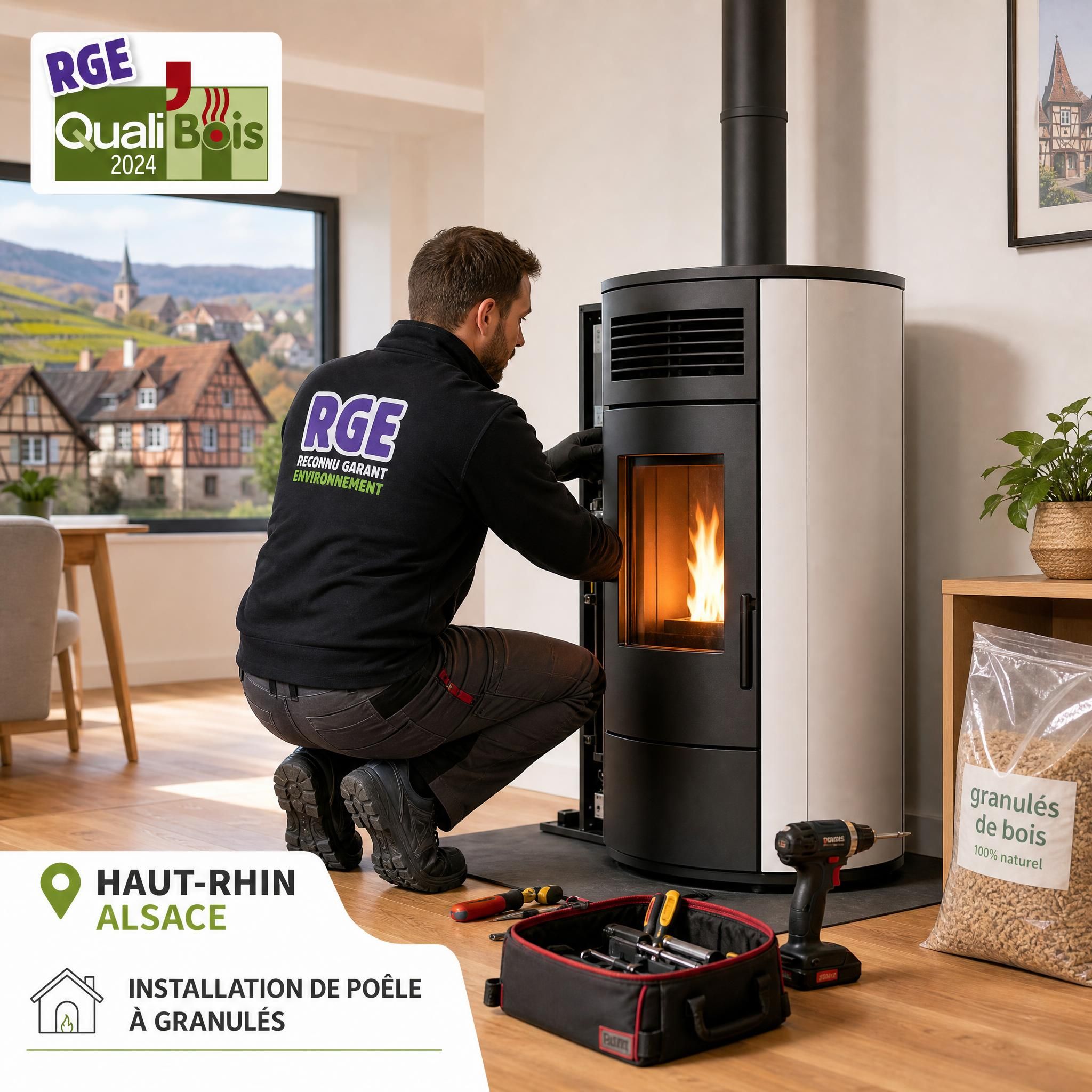 Technicien RGE qualifié réalisant l'installation d'un poêle à granulés dans une maison du Haut-Rhin en Alsace