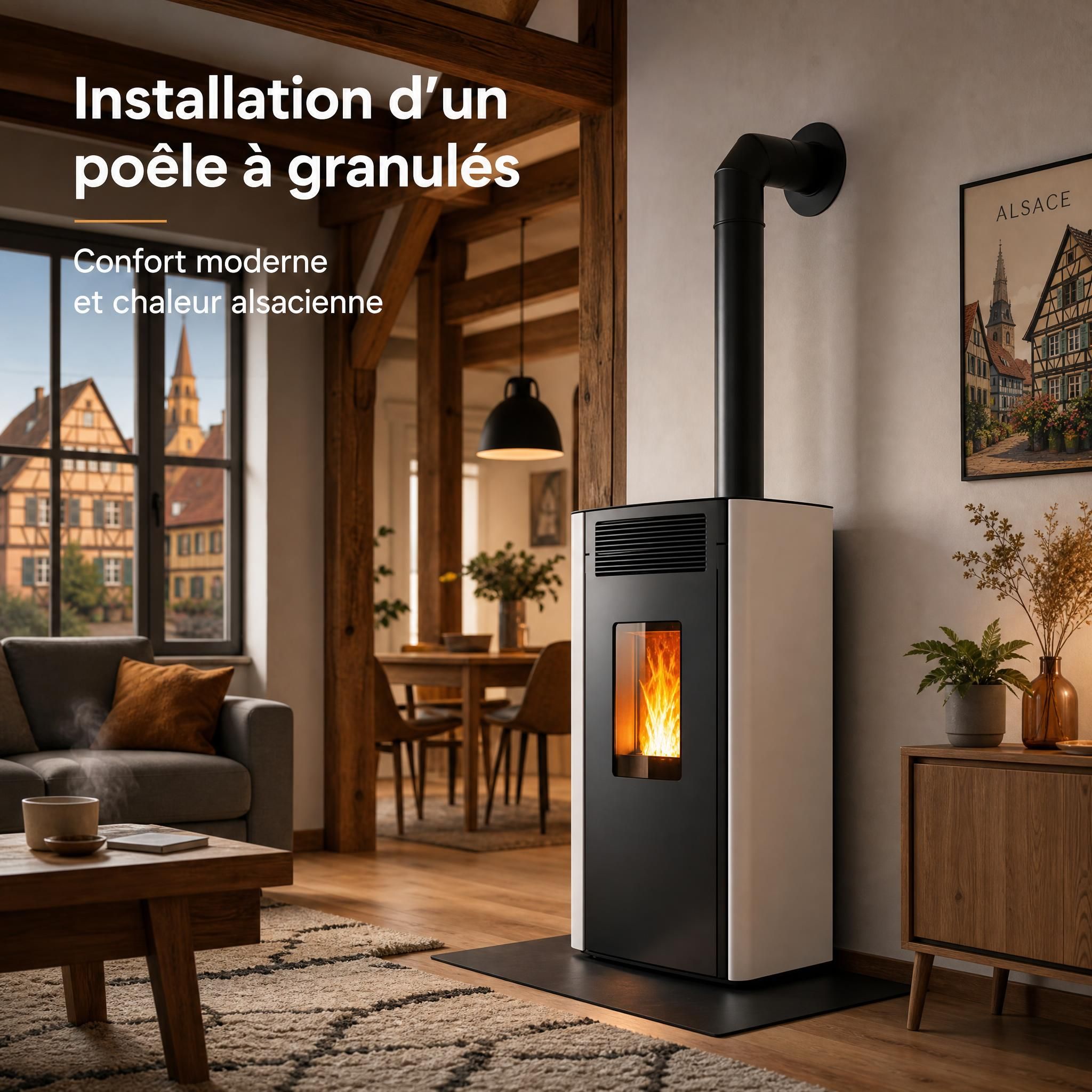 Installation d'un poêle à granulés moderne dans un salon alsacien avec conduit de fumée visible et ambiance chaleureuse