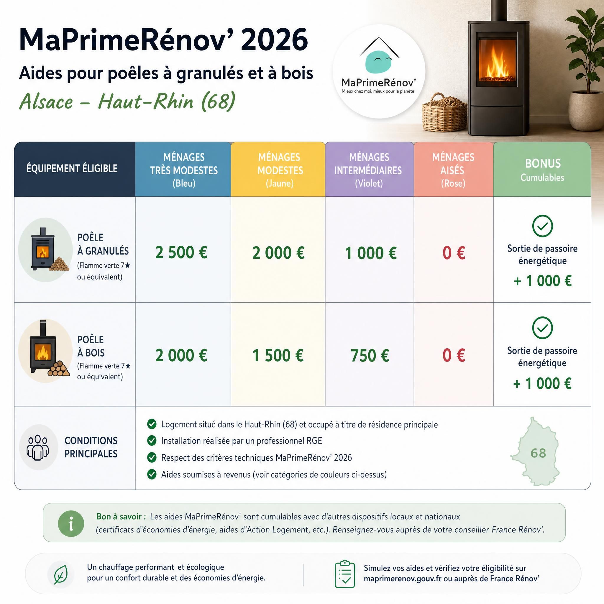 Tableau récapitulatif des aides MaPrimeRénov 2026 pour poêle à granulés et bois en Alsace Haut-Rhin