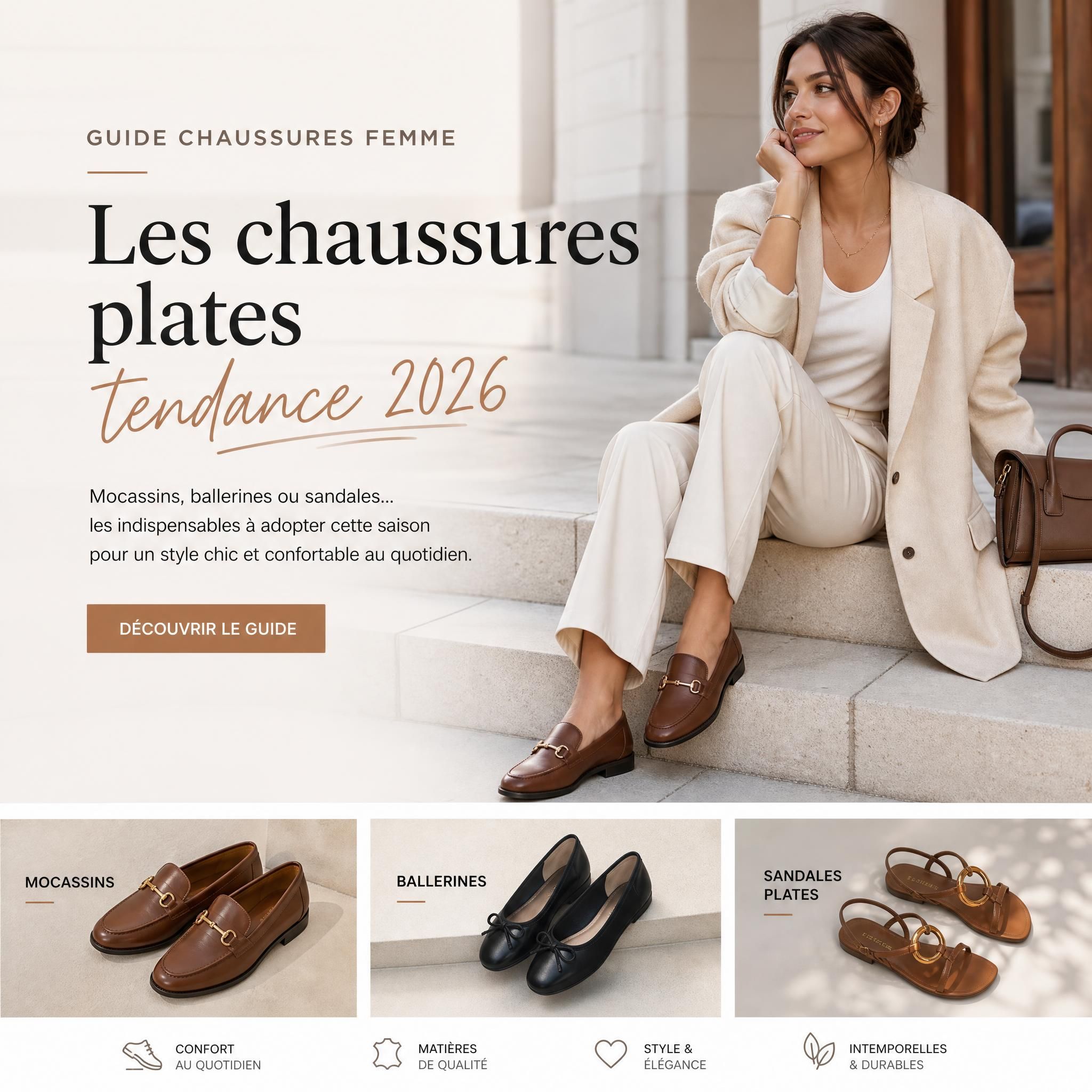 Femme urbaine élégante portant des mocassins en cuir, des ballerines et des sandales plates — guide chaussures femme tendance 2026