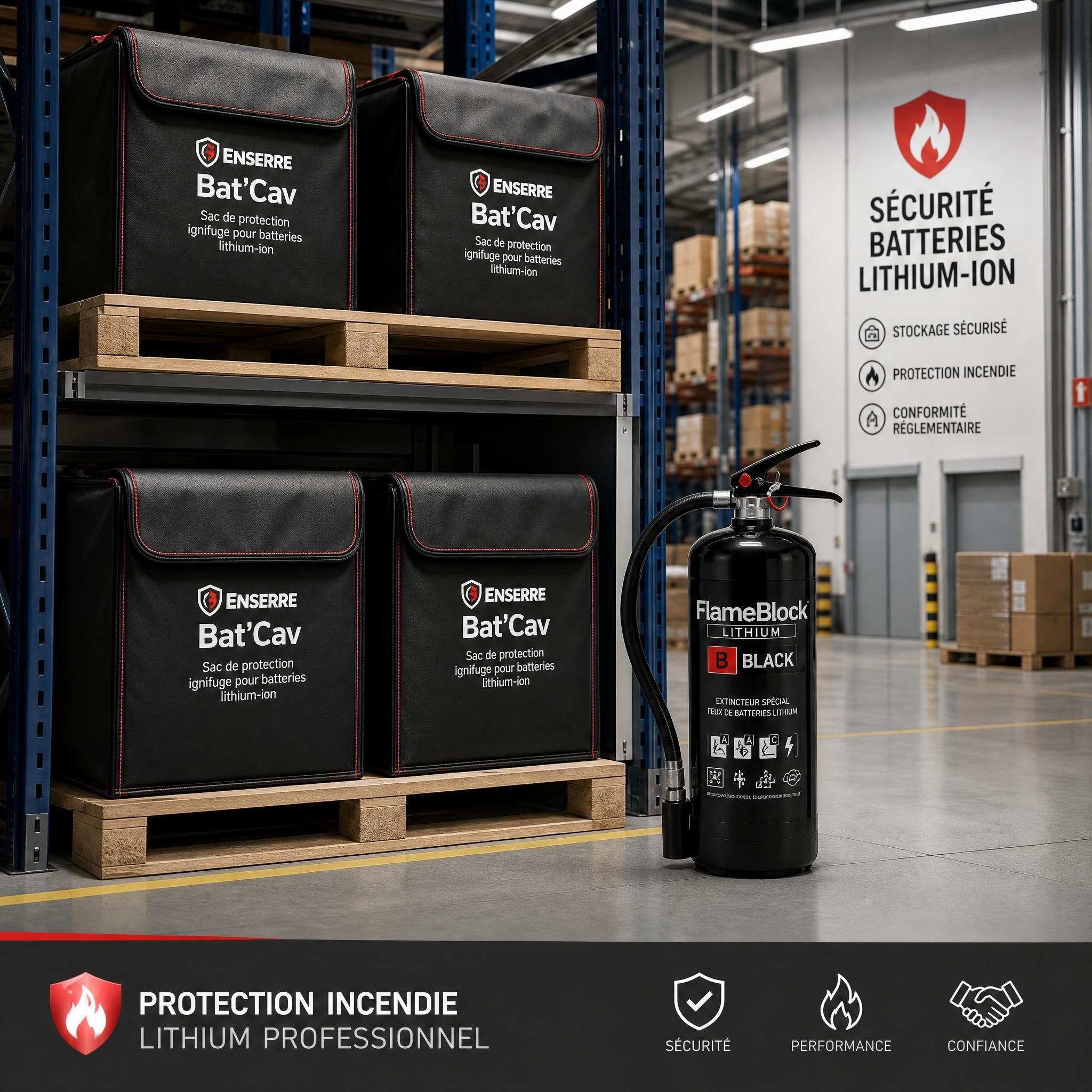 Illustration professionnelle d'un entrepôt logistique avec batteries lithium-ion stockées dans des sacs ignifuges ENSERRE Bat'Cav et un extincteur FlameBlock Lithium Black au premier plan — protection incendie lithium professionnel