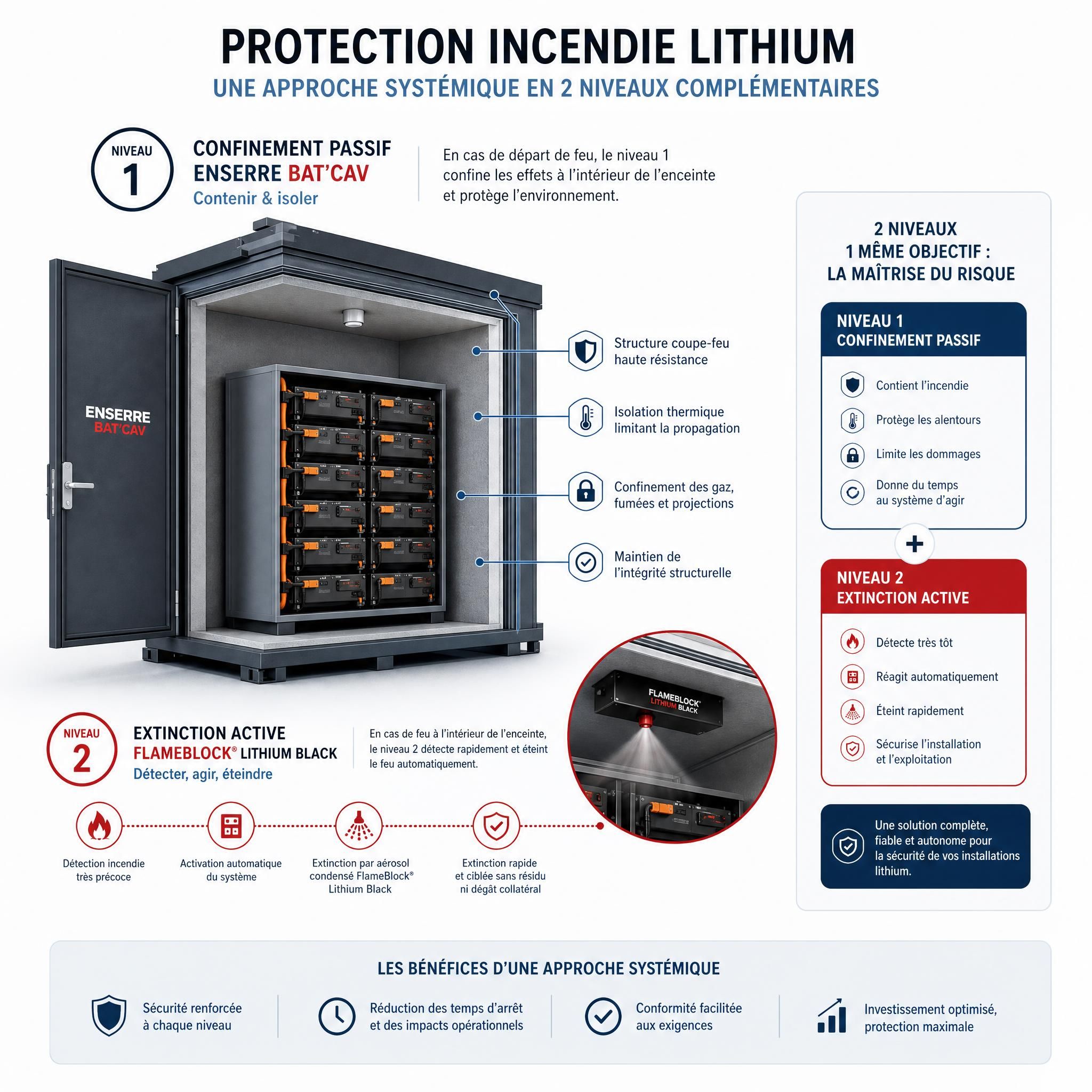 Schéma technique illustrant les deux niveaux de protection incendie lithium — confinement ENSERRE Bat'Cav (niveau 1) et extinction active FlameBlock Lithium Black (niveau 2) — approche systémique B2B