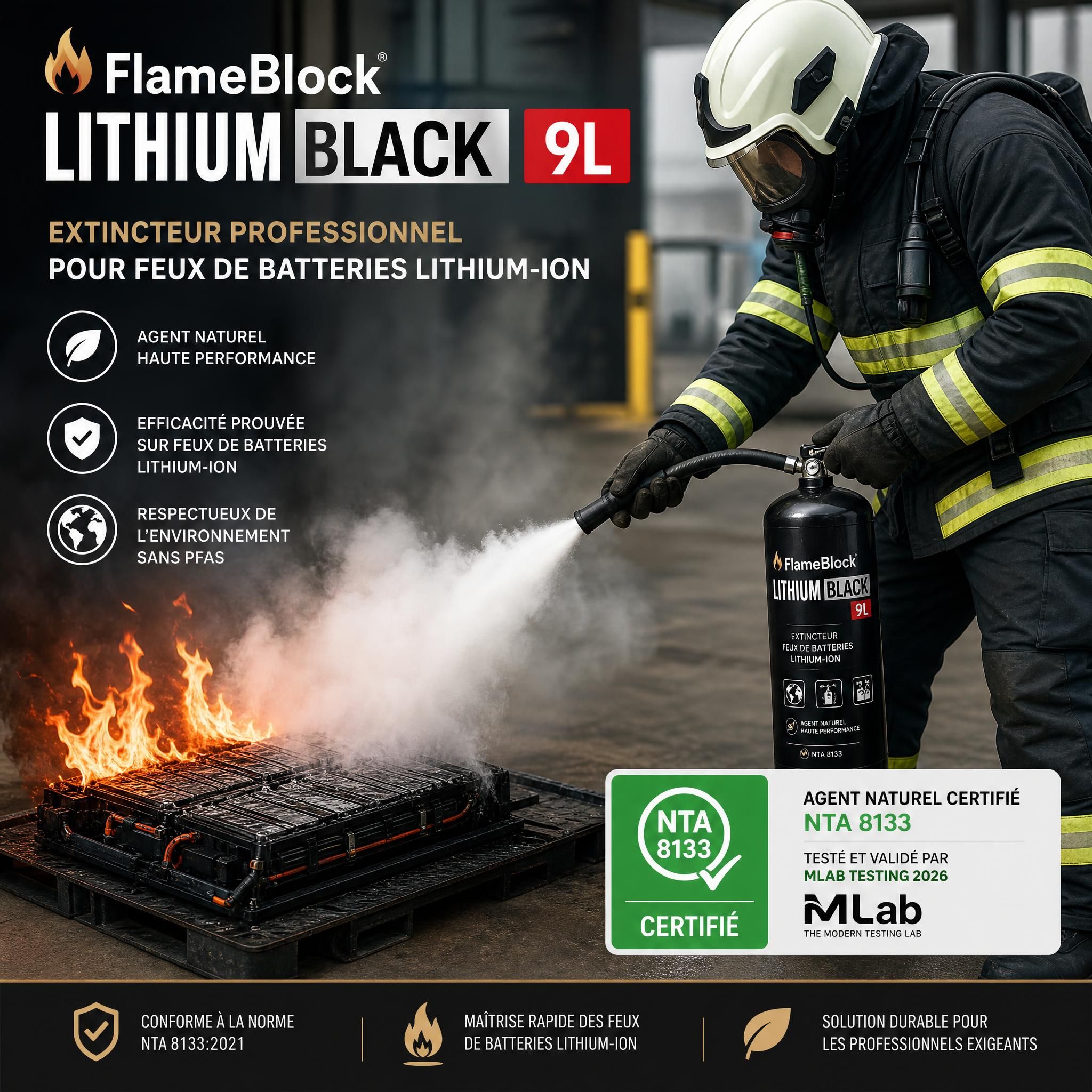 Extincteur FlameBlock Lithium Black 9L en situation d'utilisation professionnelle sur un feu de batterie lithium-ion — agent naturel certifié NTA 8133 Mlab Testing 2026