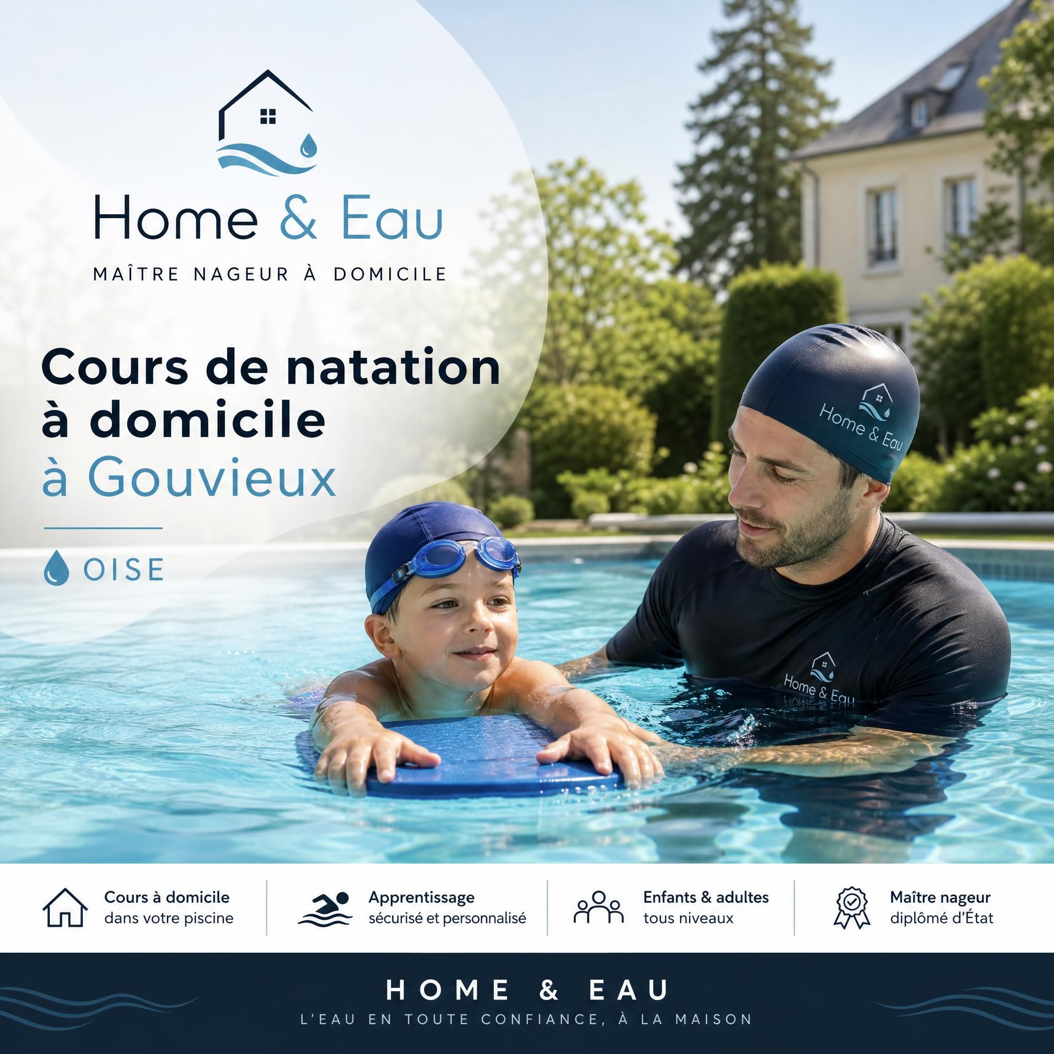 Cours de natation à domicile à Gouvieux – Home & Eau, maître nageur en piscine privée avec logo Home & Eau en overlay sur fond Oise
