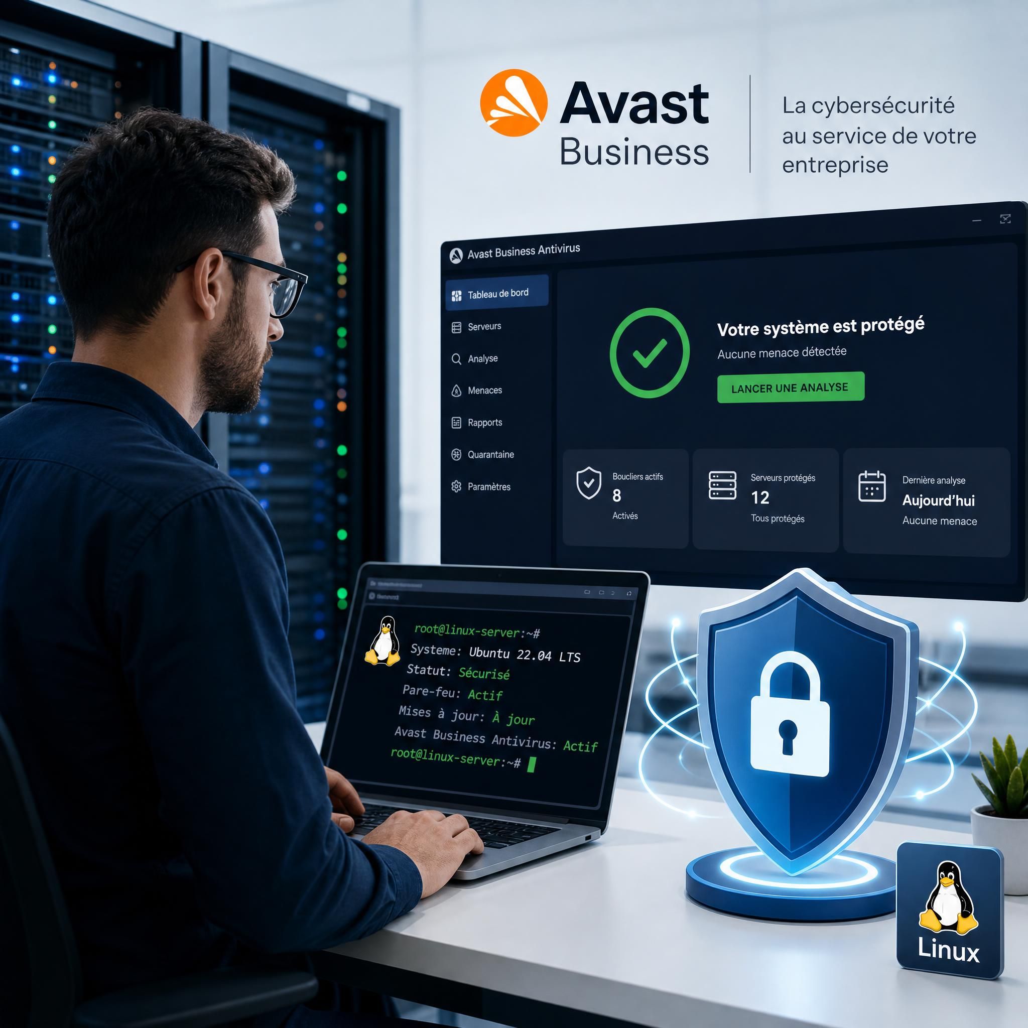 Administrateur système sécurisant un serveur Linux avec Avast Business Antivirus, interface de gestion et bouclier de protection