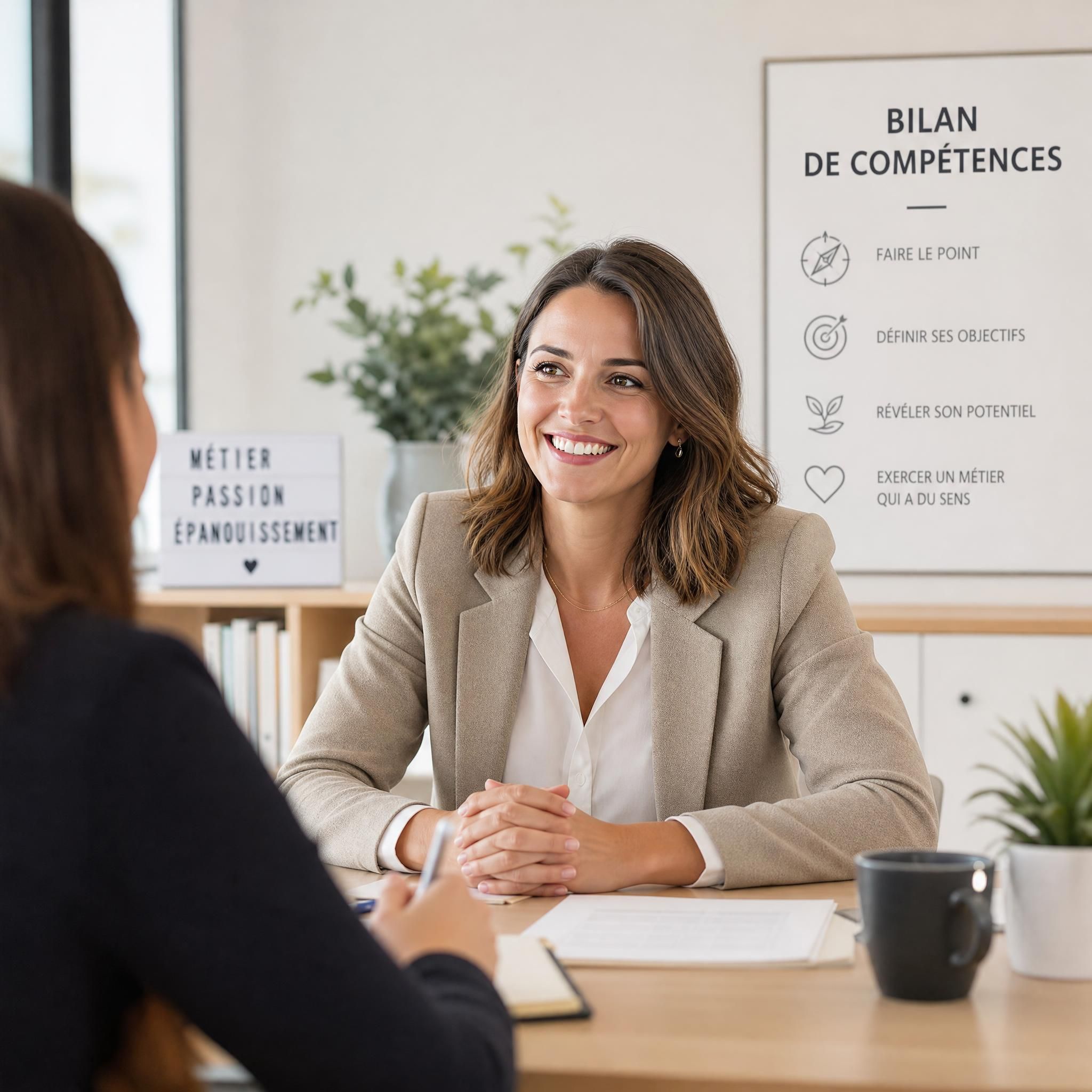Femme souriante en entretien de bilan de compétences, bureau lumineux et épuré, posture ouverte et confiante — métier passion reconversion professionnelle — Idéal RH