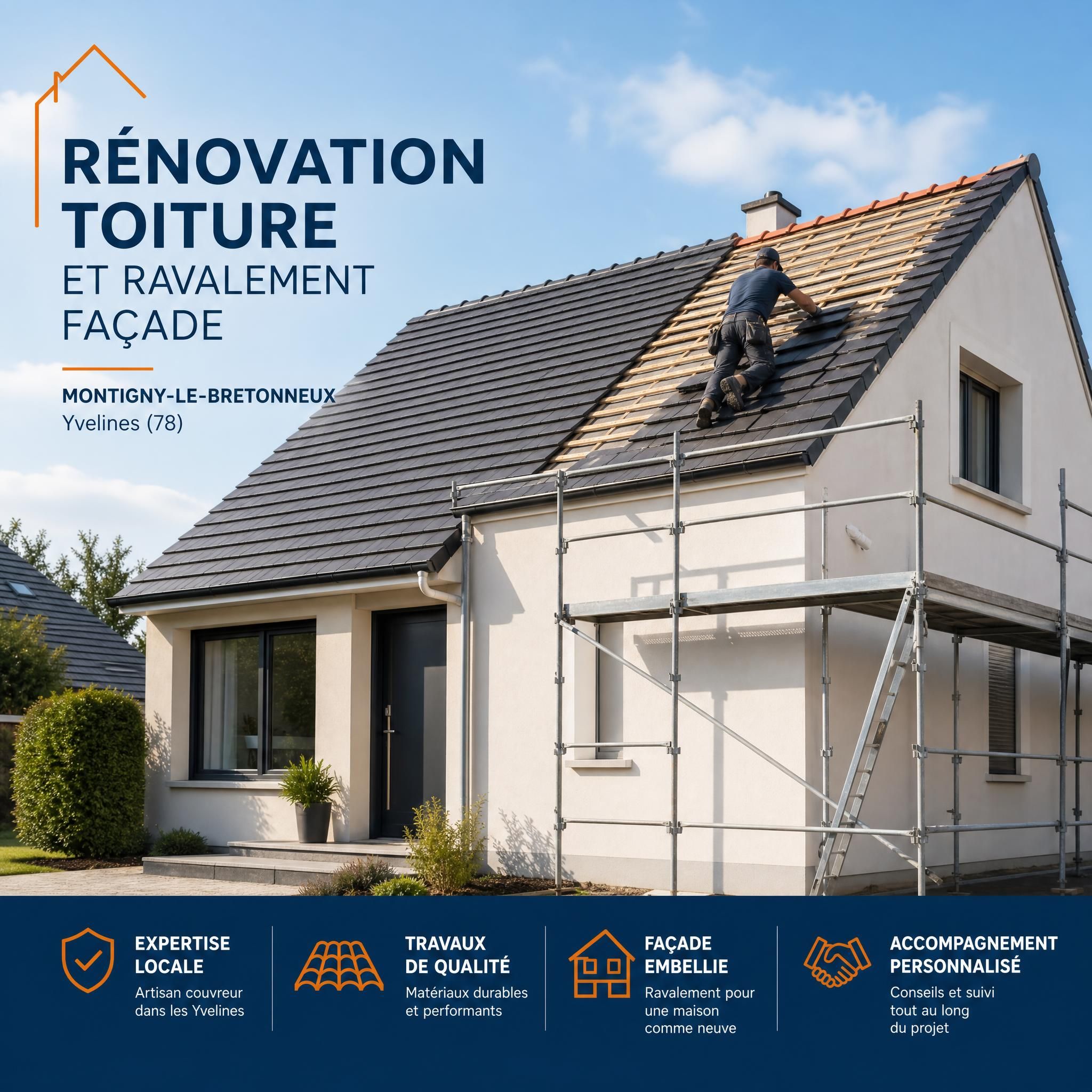 Rénovation toiture et ravalement façade maison individuelle à Montigny-le-Bretonneux dans les Yvelines, couvreur professionnel au travail